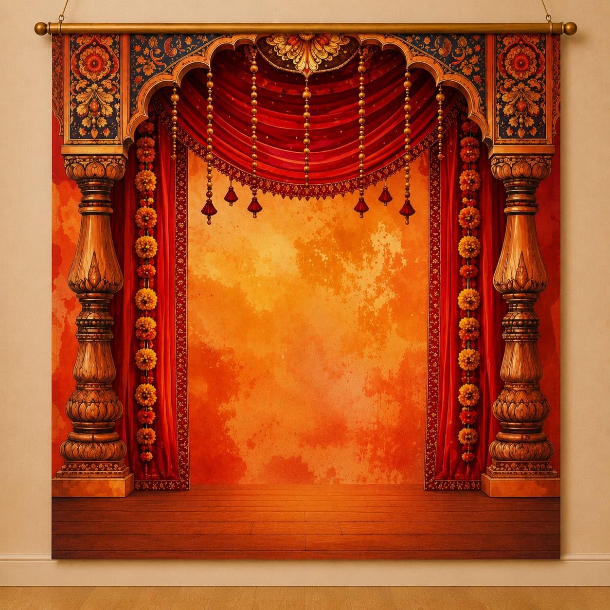 Aksharveda Royal Red Temple Mandap Backdrop for Puja Decoration 5x5 ft