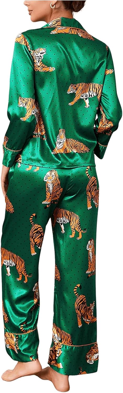 WDIRARA Women's Sleepwear Striped Satin Short Sleeve Shirt and Pants Pajama Set - Image 2