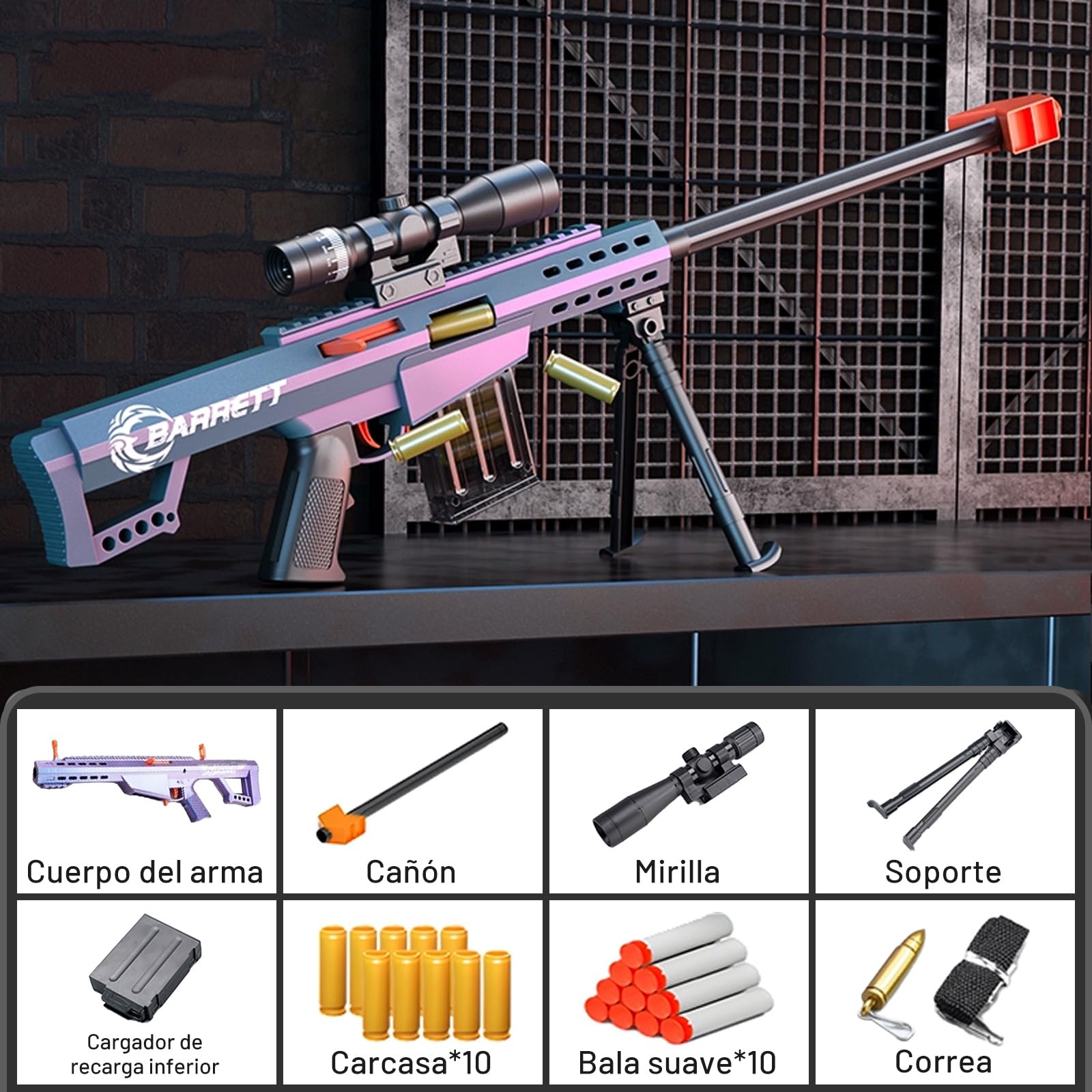 Lanzagranadas Barrett 98k Soft-Head de juguete para niños | Modelo realista con munición Soft-Head | Incluye 10 granadas | Edad 3+ (Violeta)