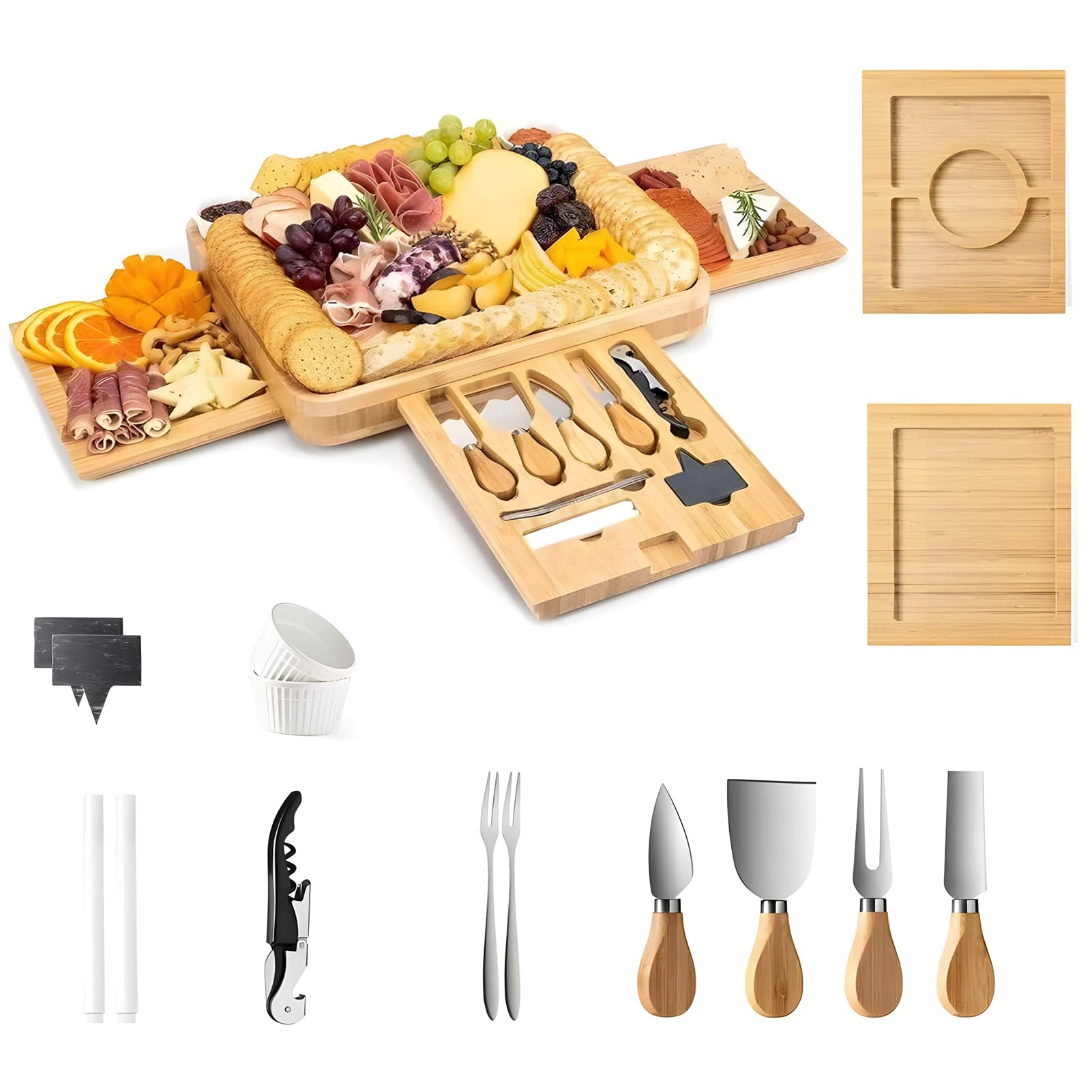 Bamboo Cheese Board and Knife Set,Extra Large Charcuterie Boards & Accessories 39 x 33cm Side Tray x3, Unique House Warming Gifts, New Home, Anniversary Wedding Gifts (Bamboo Cheese Board)