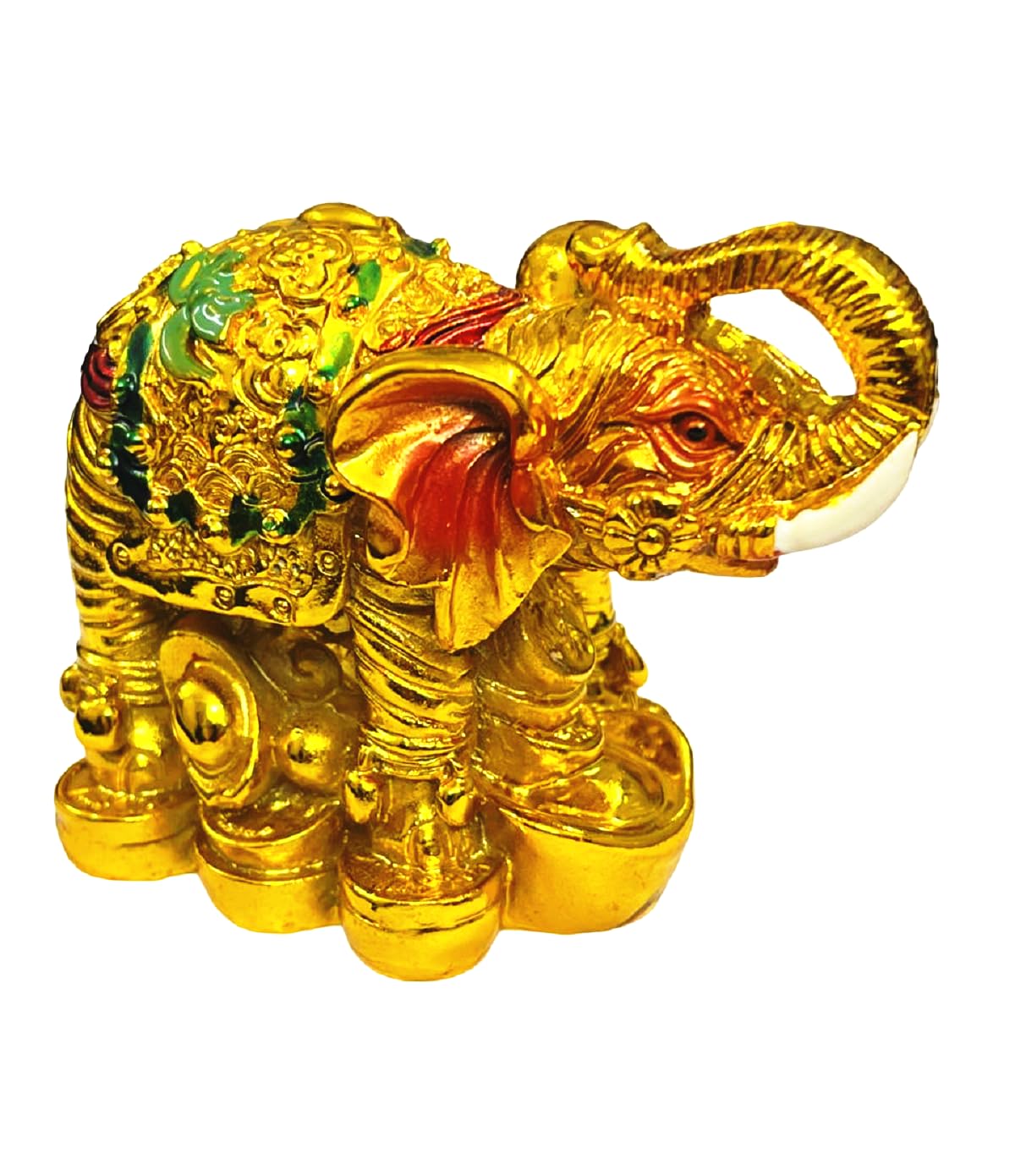numeroastro Feng Shui Elephant On Lucky Coins & Ingot Showpiece in Resin (Golden) (9 Cms) (1 Pc)