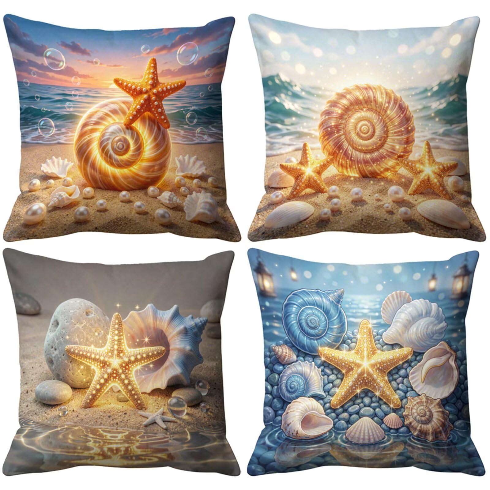 QiHon Beach Starfish Cushion Covers 30x30 cm Set of 4, Decorative Throw Pillow Cases, 12x12 inch Square Linen Pillowcases for Sofa Living Room Bedroo
