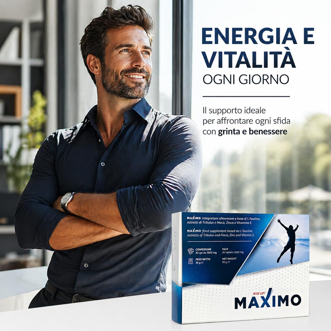 MAXIMO RiseUp Integratore Energia e Vitalità | Maca, Taurina, Zinco e Vitamina E | Supporto al Metabolismo Energetico | 30 Compresse Senza Glutine e Lattosio
