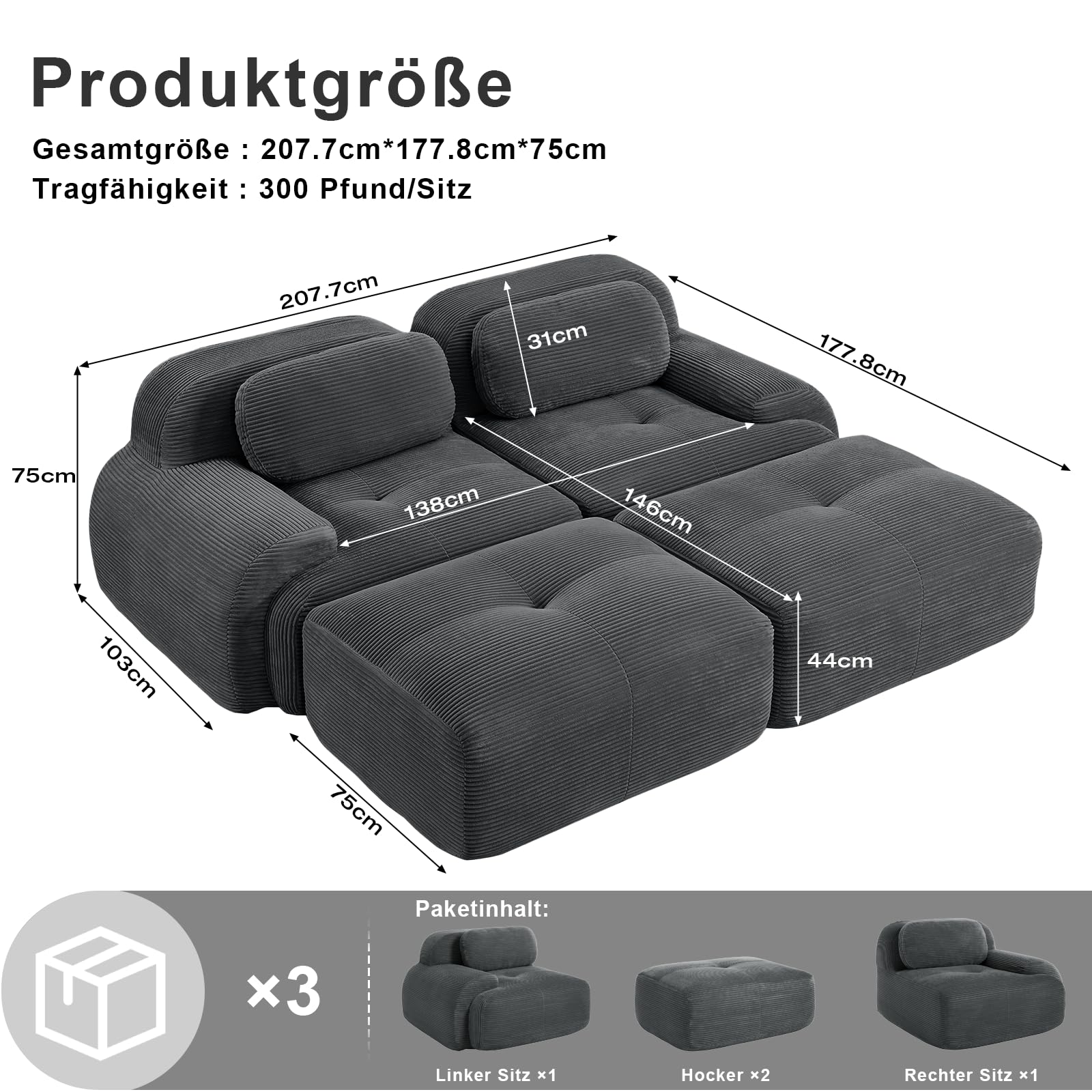 Cloud-Stil modulares Bodensofa, tiefes Sitzsofa 2 Sitzer mit 2 Hockern, Cordstoff, kein Aufbau erforderlich, für Wohnzimmer, Lounge und Schlafzimmer,Grau