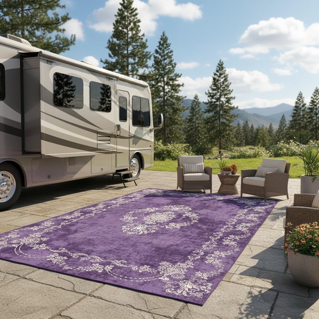 4x6 Waterproof Outdoor Rug Purple Beige Vintage Floral Pattern Thin Easy Clean Quick Dry Non Slip Durable Indoor Outside Carpets for Deck Camper Porch Balcony Backyard Picnic Farmhouse Rugs