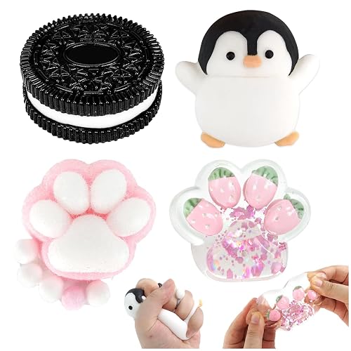 Audasi 4pcs Taba Squishy Set Biscuit Fruit Cat Paw Squishy Penguin Squishy Toys Fufu Squishy Toys for Adults Squeezeable Fidget Toys to Anxiety Relief Novelty Gifts for Birthday Christmas