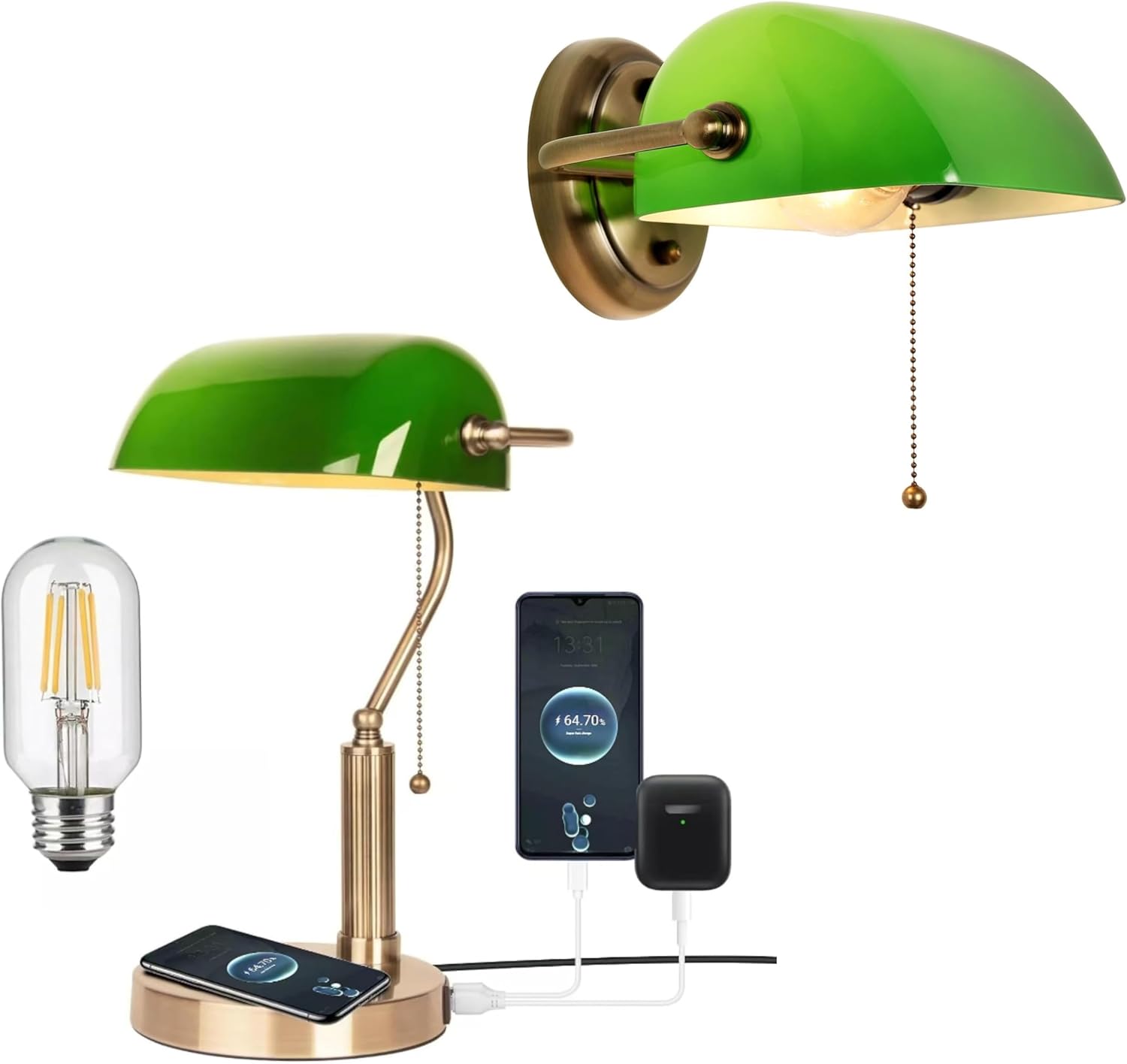 FIRVRE Glass Bankers Desk Lamp with Wireless Charger, 2 USB Charging Port,Vintage Wall Sconces with Bankers Lamp Shade, Indoor sconces Wall Lighting