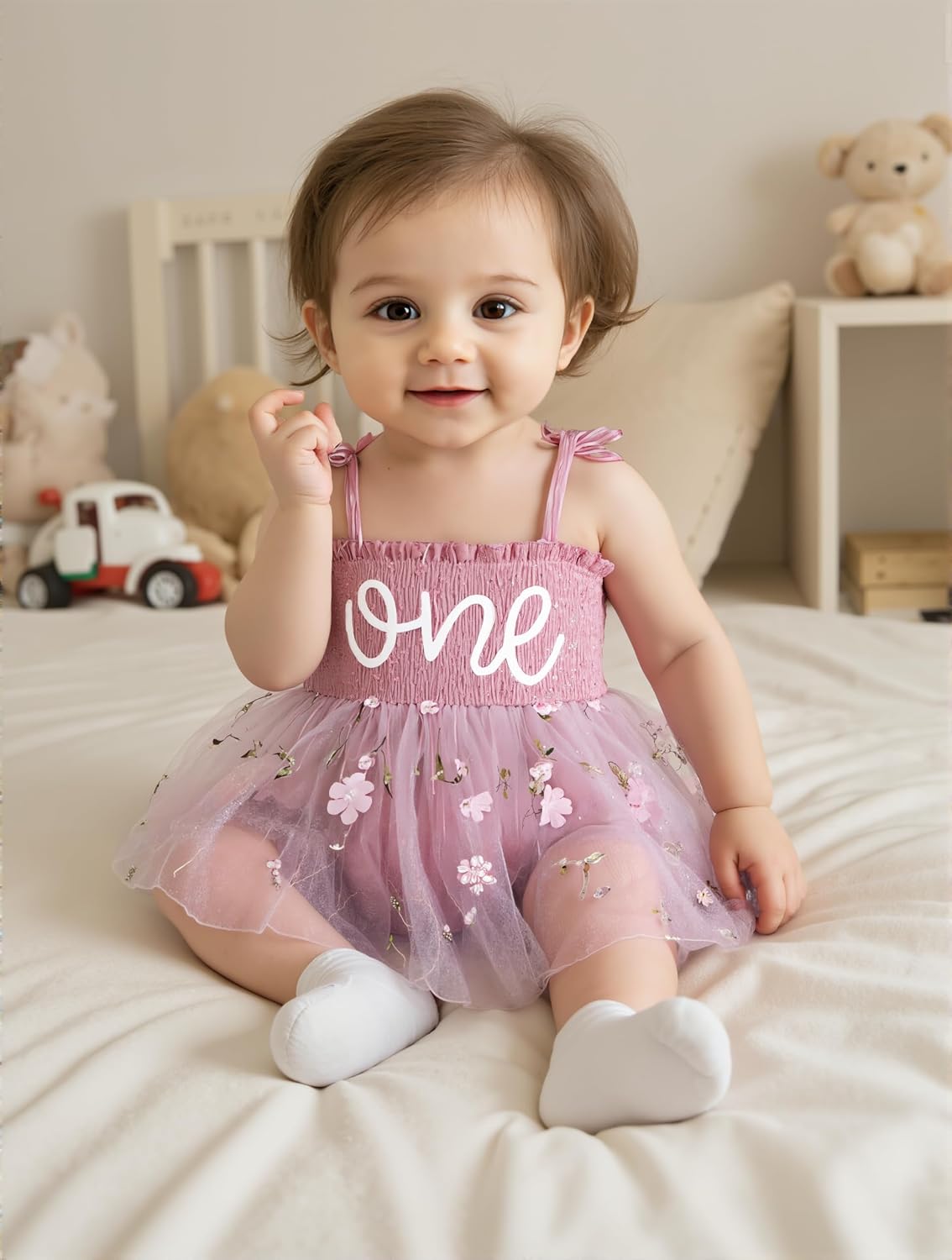 Baby Girl First Birthday Outfit Summer Sleeveless Smocked Fairy Berry One Romper Tulle Dress + Headband