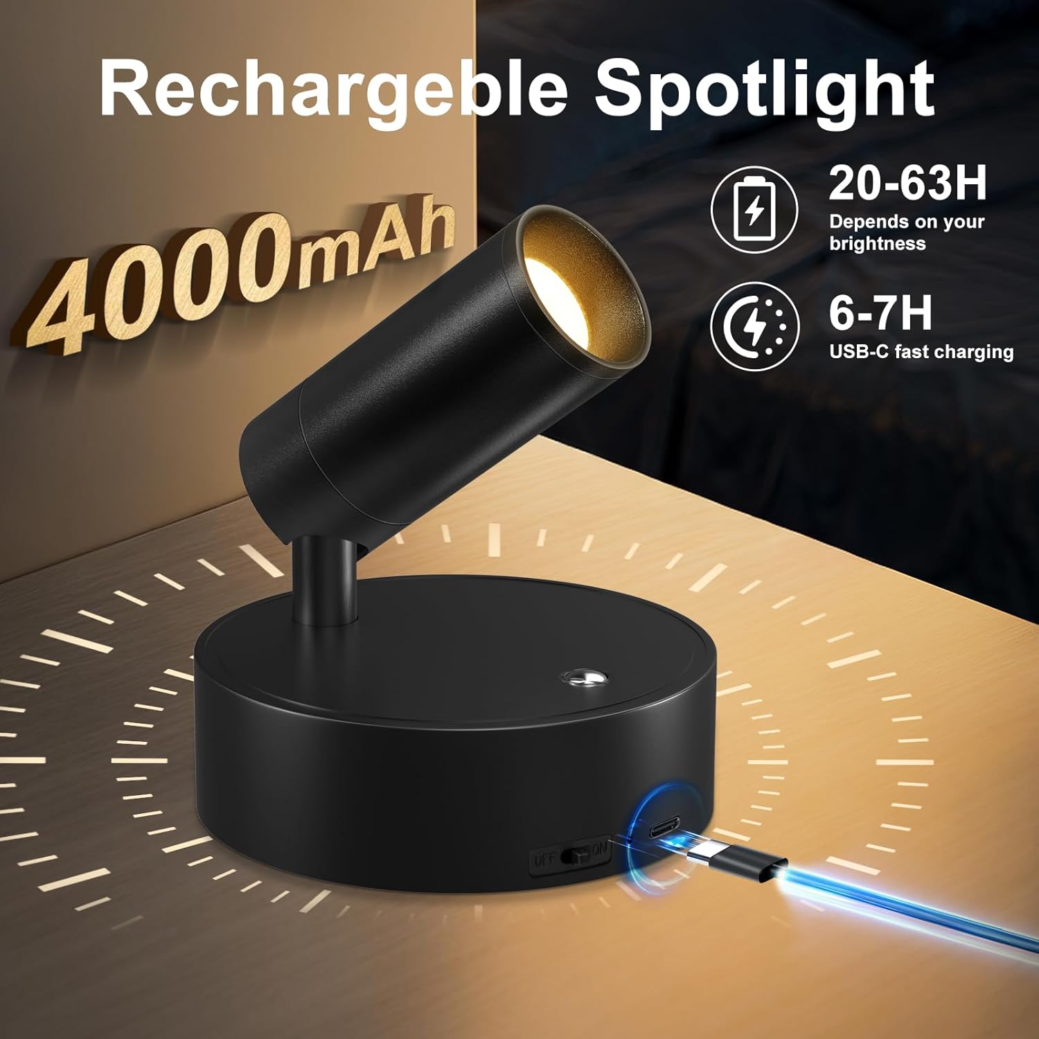 Kimjo Spot Lights Indoor, 4000mAh Rechargeable Battery LED Spotlight Indoor with Remote, Wireless Picture Lights with Timer Dimmable, Uplighting for Plant, Wall Art Display (4 Pack)