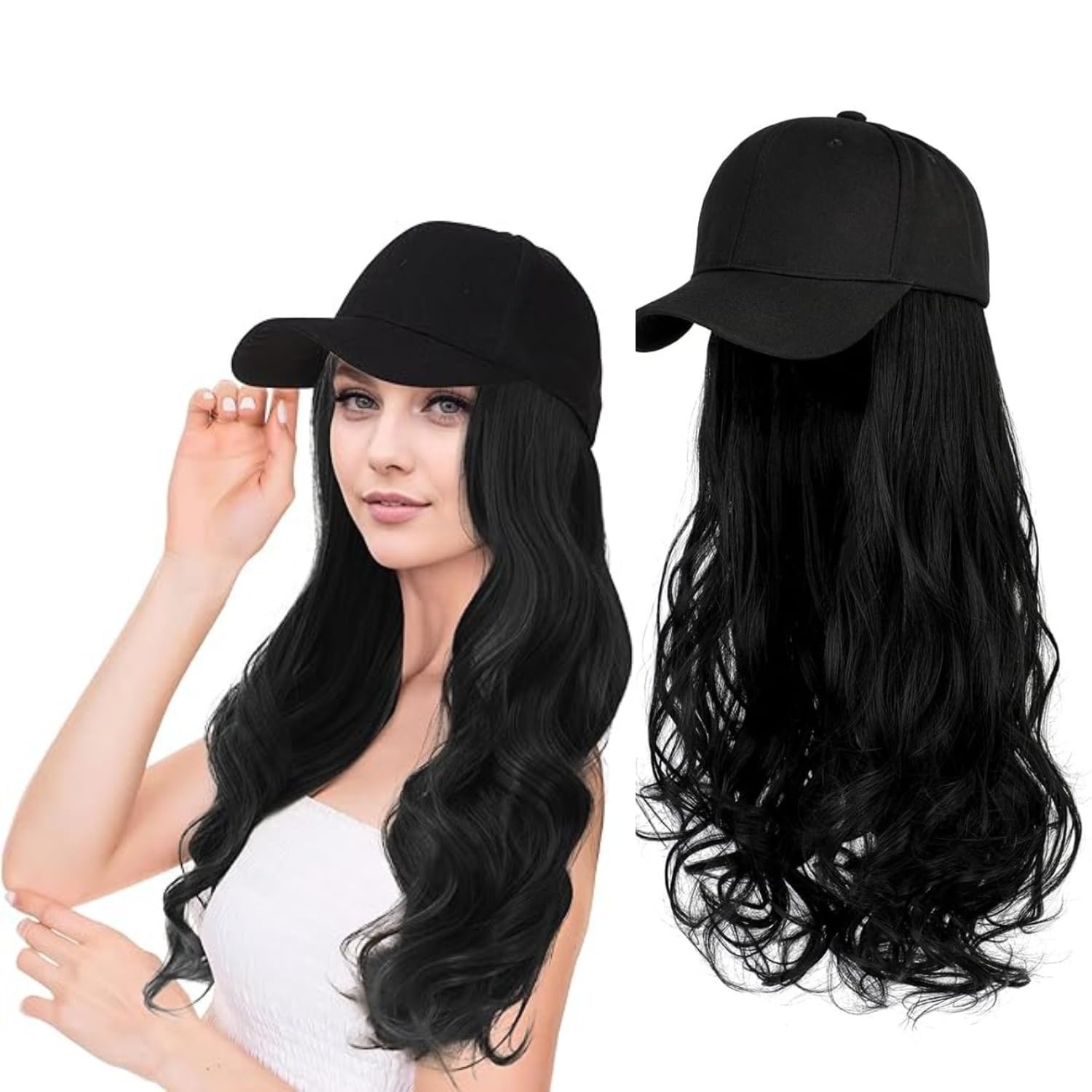 Baseball Cap Wigs Synthetic Long Curly Wavy Wig Hat 'Adjustable Black Cap with Hair Extensions Attached Hairpieces For Women Girls (Black, Long, Wavy)-image-40
