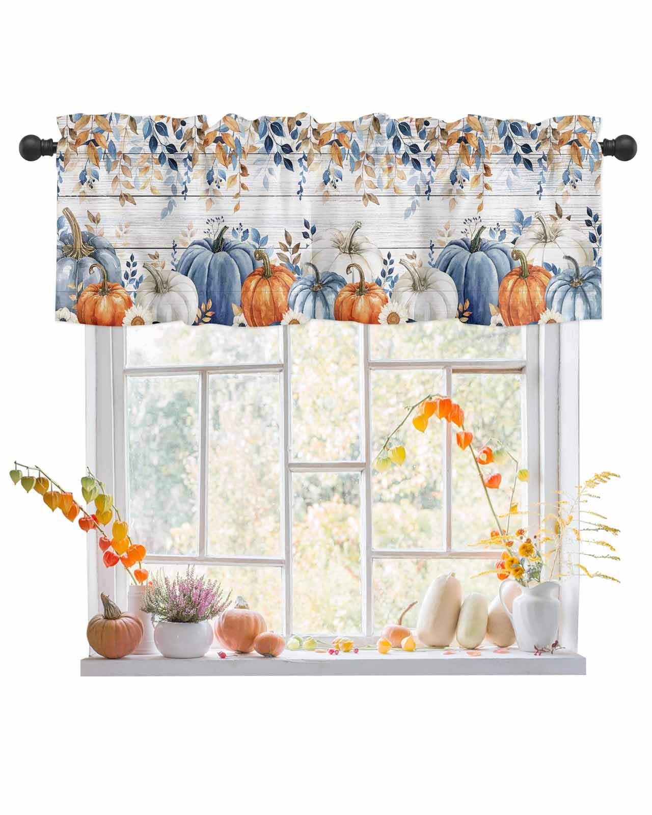 Lsrtoss Fall Blue Pumpkins Valances for Windows, Orange Grey Farmhouse Short Window Curtain Valance, Botanical Thanksgiving Vintage Rod Pocket Kitchen