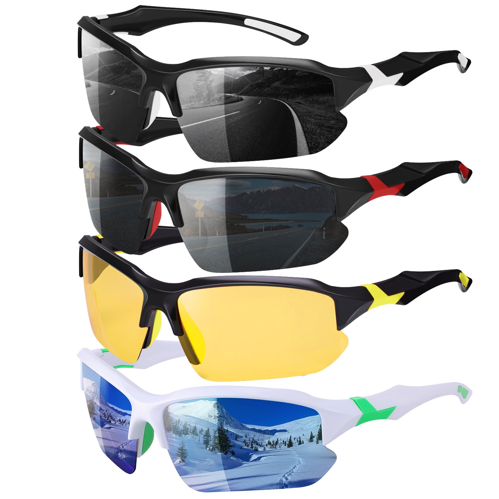 Confezione da 4 occhiali da sole sportivi polarizzati per uomini e donne, protezione UV, occhiali da sole leggeri avvolgenti per attività all'aperto