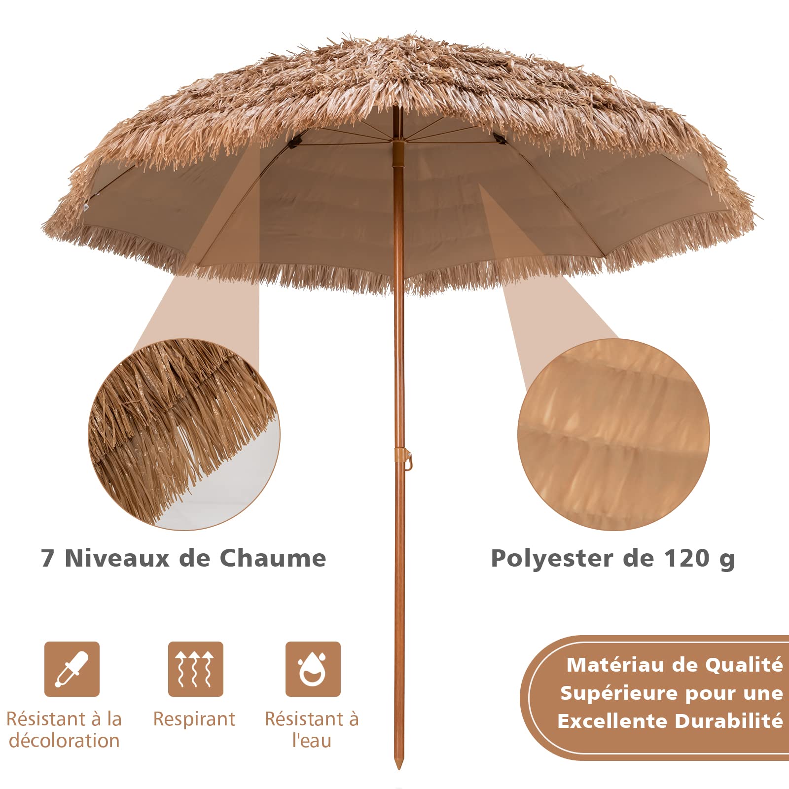 GOPLUS 2,4M Parasol en Paille PP avec Toit Inclinable, Parasol Chaume de Style Hawaïen Tropical Baleines, Bloquer Soleil, pour Patio/Terrasse Jardin H.2,2M