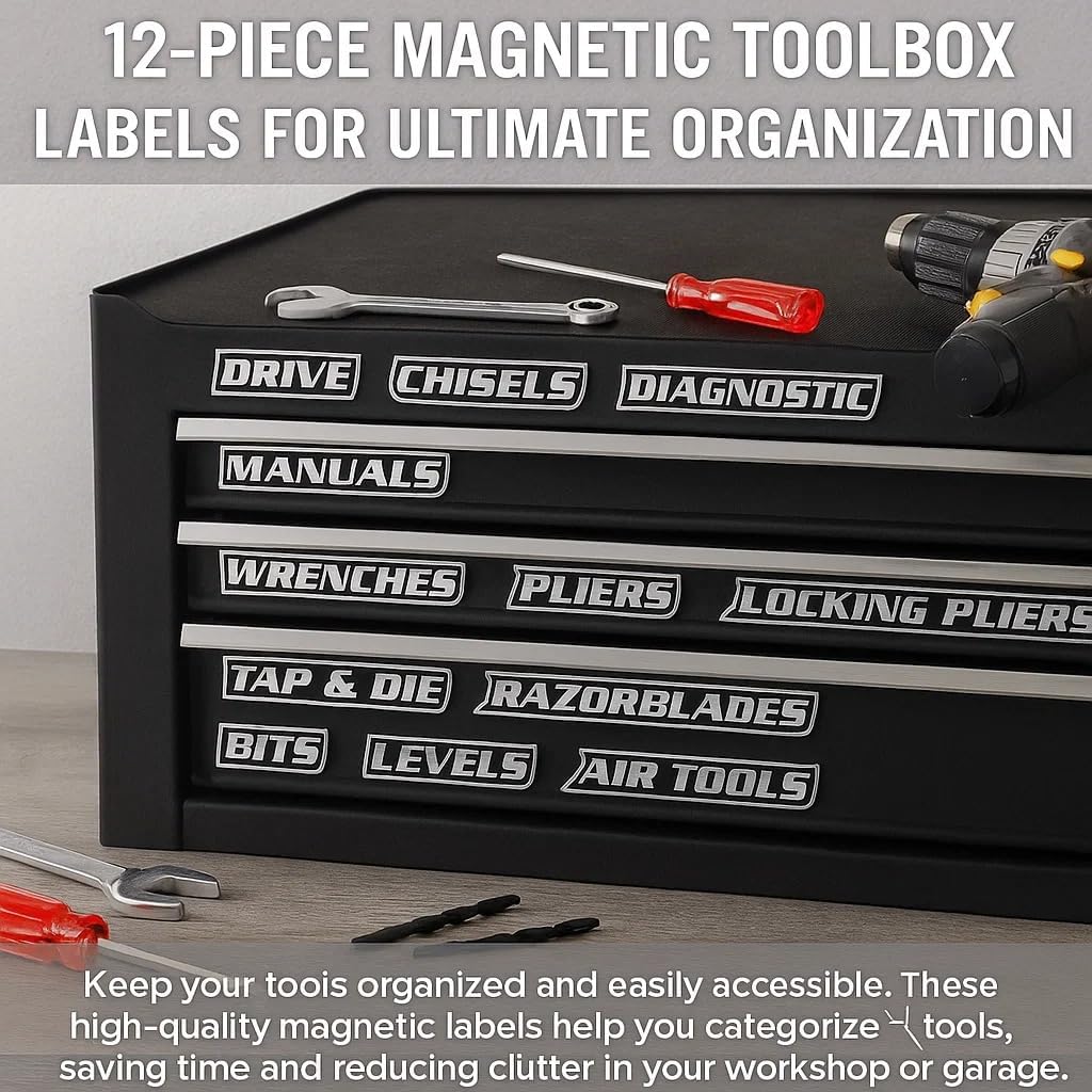 Magnetic Tool Box Labels, Durable Premium High Magnetic Toolbox Labels, 12/24/36 Pack of Custom Premium Magnetics Toolbox Label for Tool Organization, for Mechanics, Diyers (Black, 24Pack)