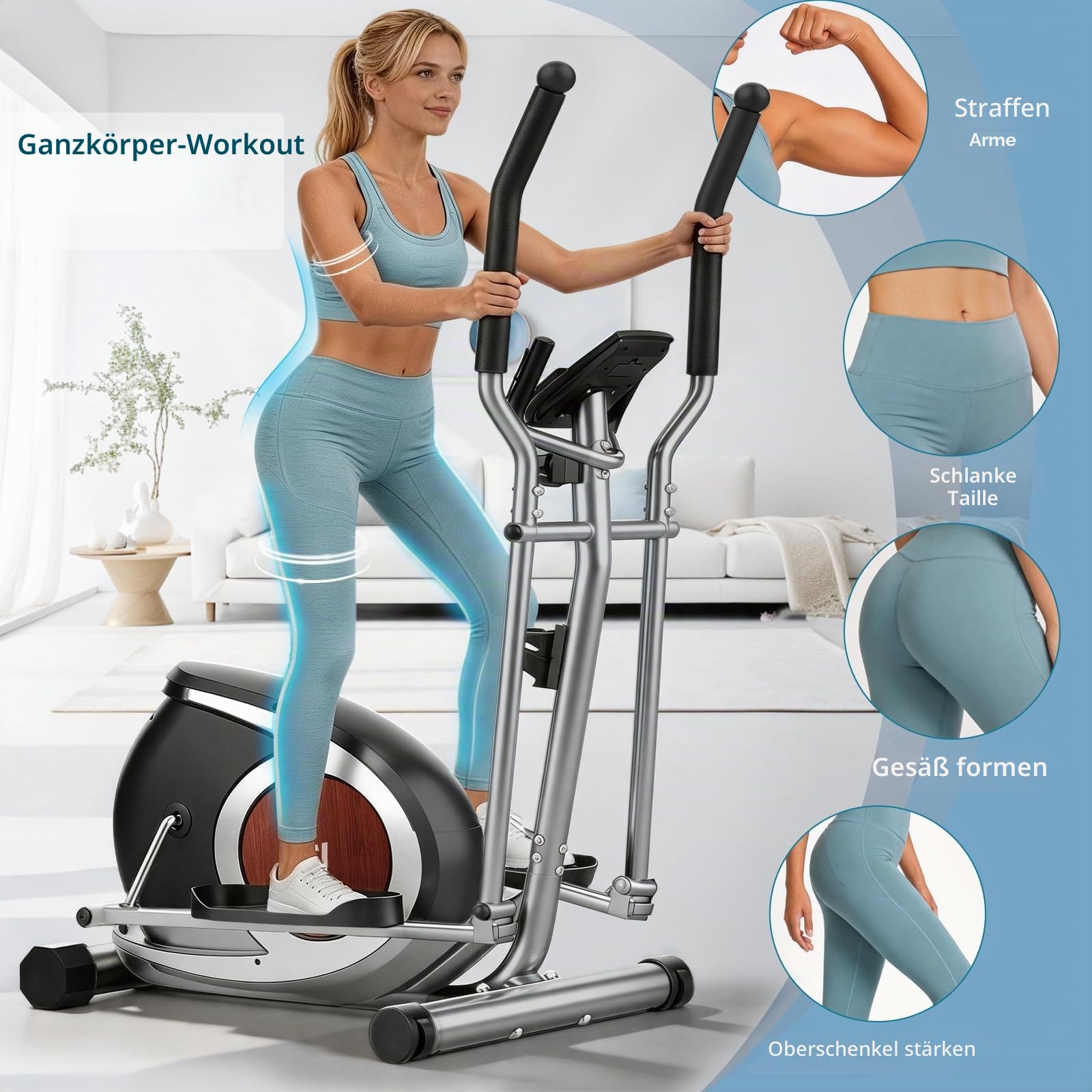 YONISEE Crosstrainer für Zuhause, Leiser Ellipsentrainer mit 16-stufigem Magnetwiderstand, LCD-Display und Bluetooth‑App‑Kompatibilität, Ganzkörper-Fitnessgerät für Heimtraining, Bis 130 kg