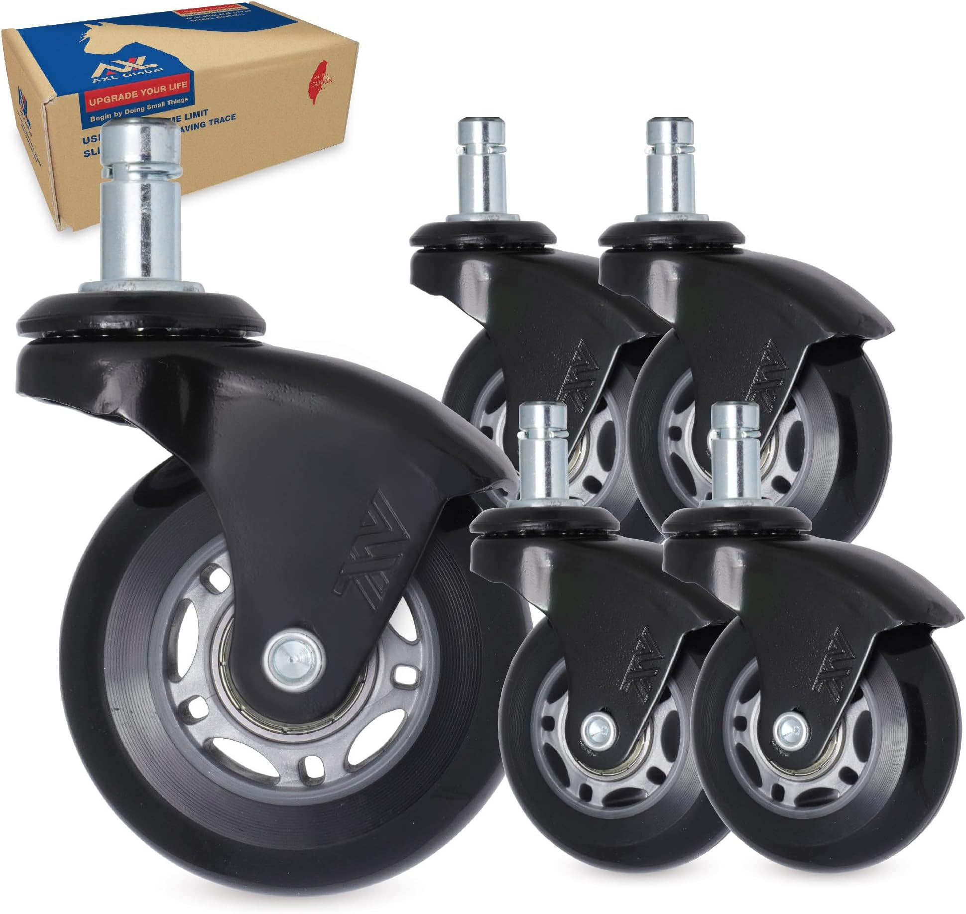 AXL 2.5 Inch Office Chair Caster Wheels Replacement, Unique Corner Bracket/Toe & Heel Protection/No Noise/No Scretch/Casters for Hardwood Floors (Set of 5) (Black Feet, Grey/Black)