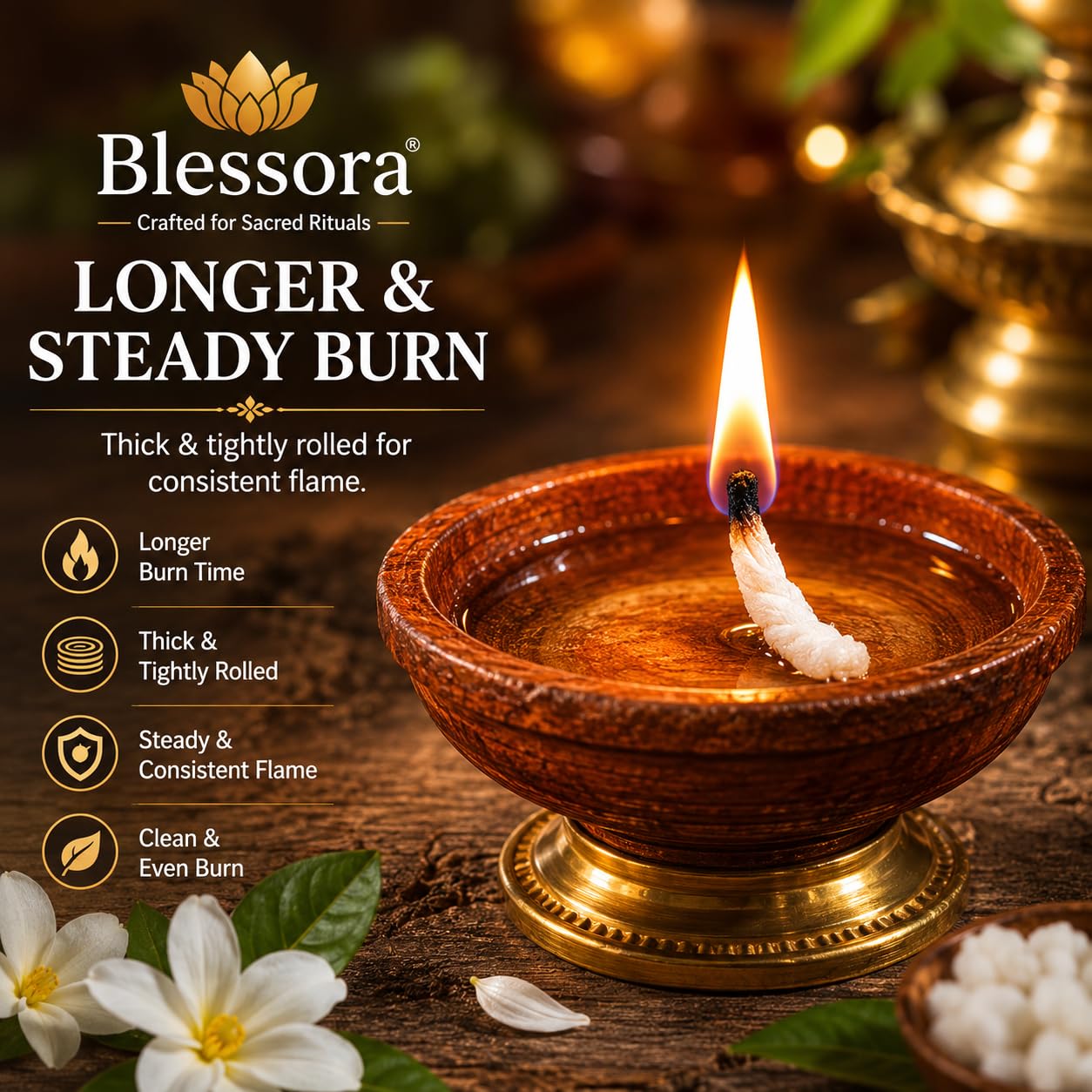 Blessora Round Cotton Wicks Diya Batti - White Phool Rui for Pooja | Long Lasting Aarti Use | Temple Daily Worship (Pack of 300 Pcs) 1