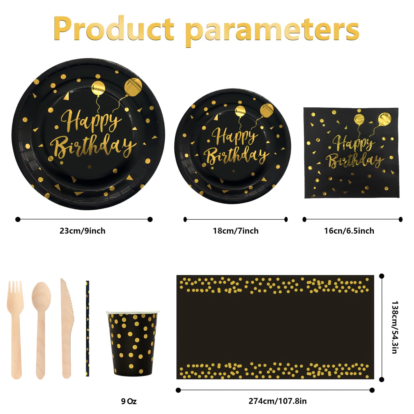 Compleanno Stoviglie Oro Nero 193 Pezzi Set Include Piatti, Tovaglioli, Tazze di Carta, Adatto a Tutti i tipi di Feste a Tema -24 Ospiti