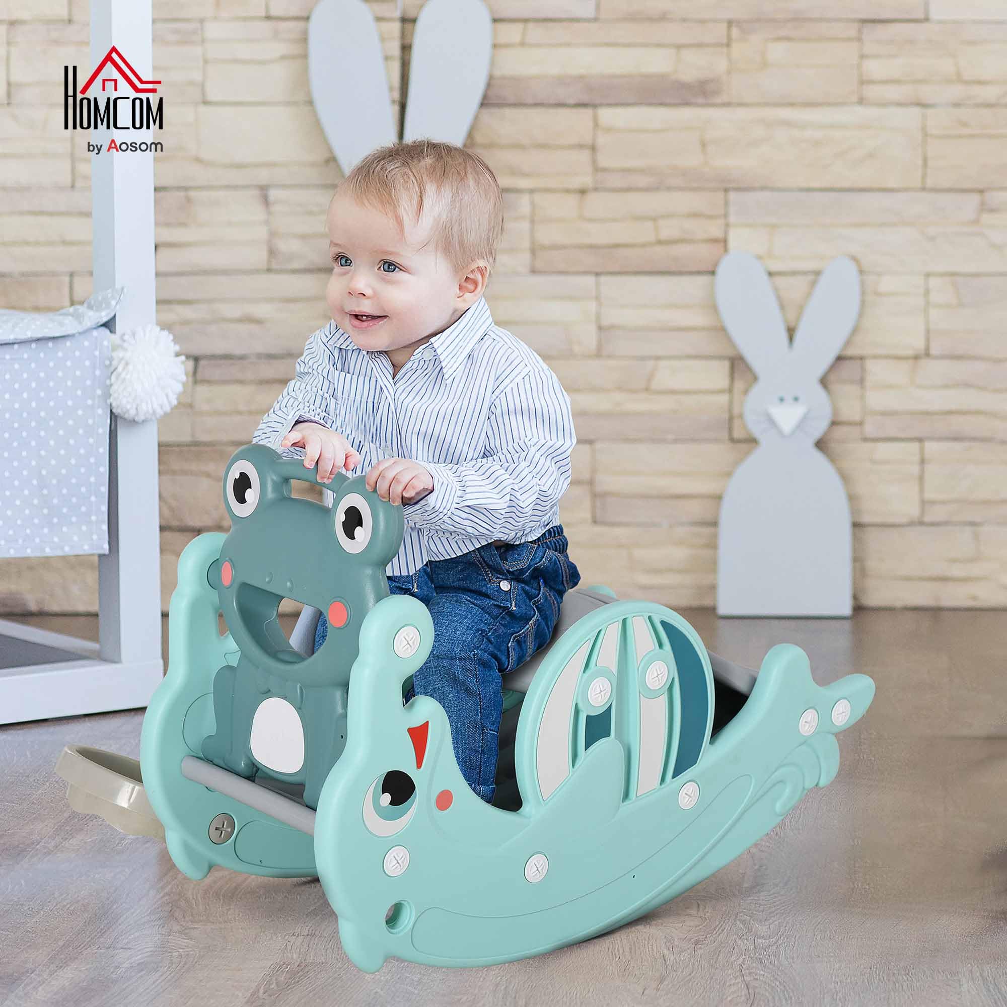 HOMCOM Cheval à Bascule Grenouille 3 en 1, 72x34x47cm, Bleu Turquoise | Toboggan, Panier Basket, 18 à 36 Mois