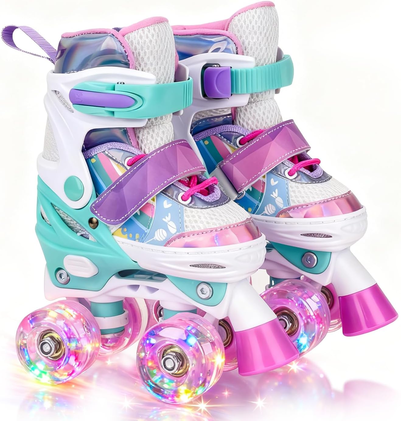 Roller Skates for Kids Ages 5 6 8 12 Year Old 4 Size Adjustable Quad Roller Skates for Girls Boys Toddler with Light Up Wheels Best Children Gift for Beginners Indoor Outdoor Sports