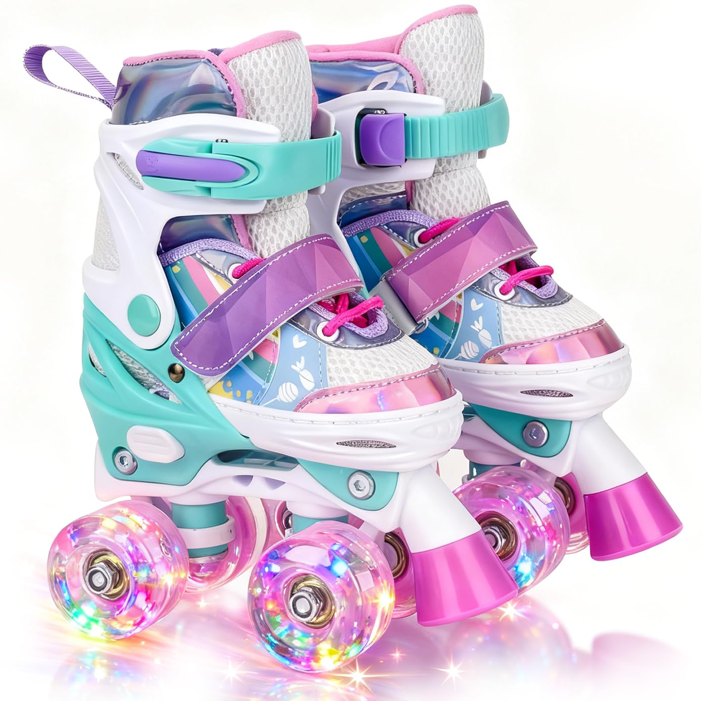 Patines de ruedas para niños de 5, 6, 8, 12 años, 4 tamaños, ajustables, para niñas y niños pequeños, con ruedas iluminadas, para interiores y exteriores, color rosa
