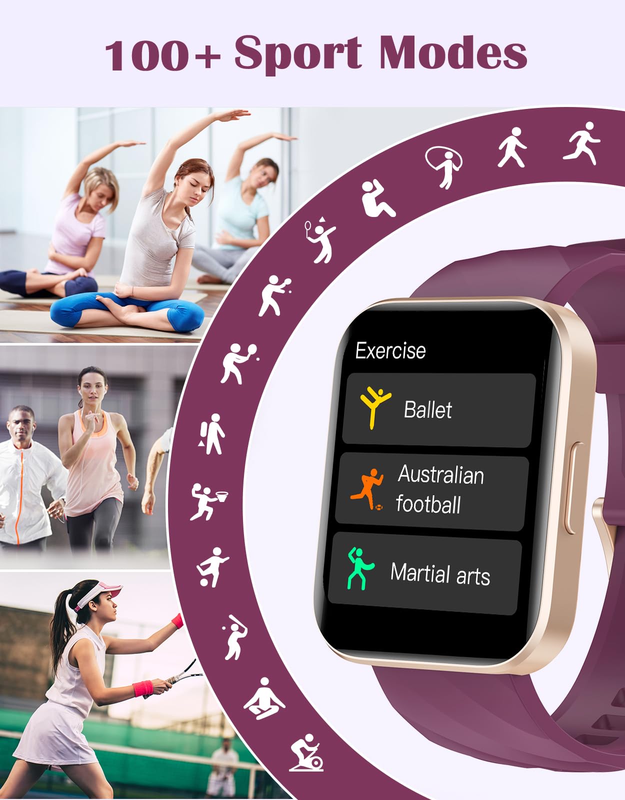 RUIMEN Orologio Smartwatch Donna Chiamata Bluetooth Contapassi con Cardiofrequenzimetro SPO2 Orologio Sportivo con Giochi Monitoraggio Sonno Sfondo Personalizzabile Cronometro Timer Sveglia Viola