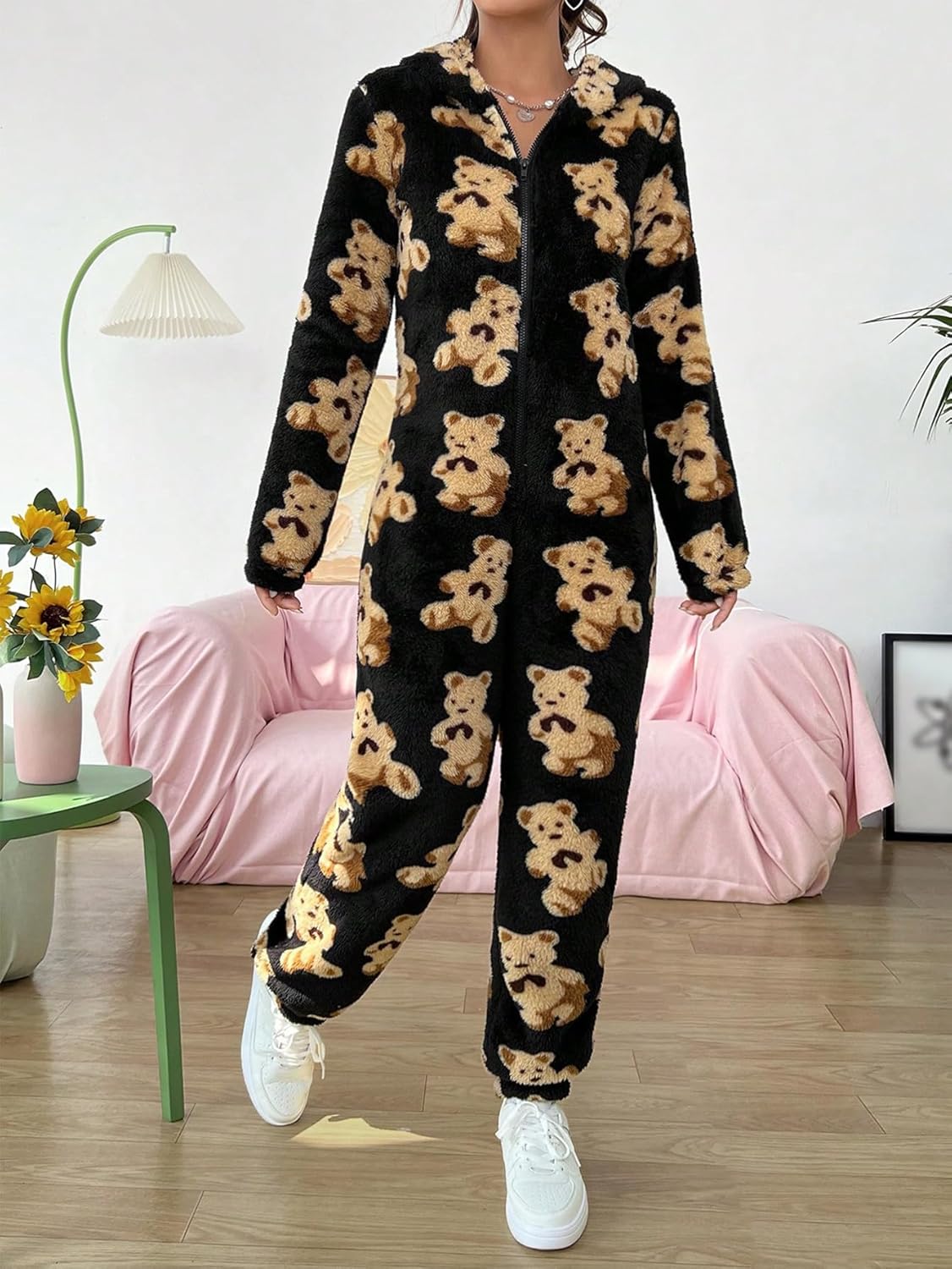 ZAFUL Women's Onesie Hooded Pajamas Fluffy Zipper Long Sleeve Fleece Jumpsuit Sleepwear - Image 7