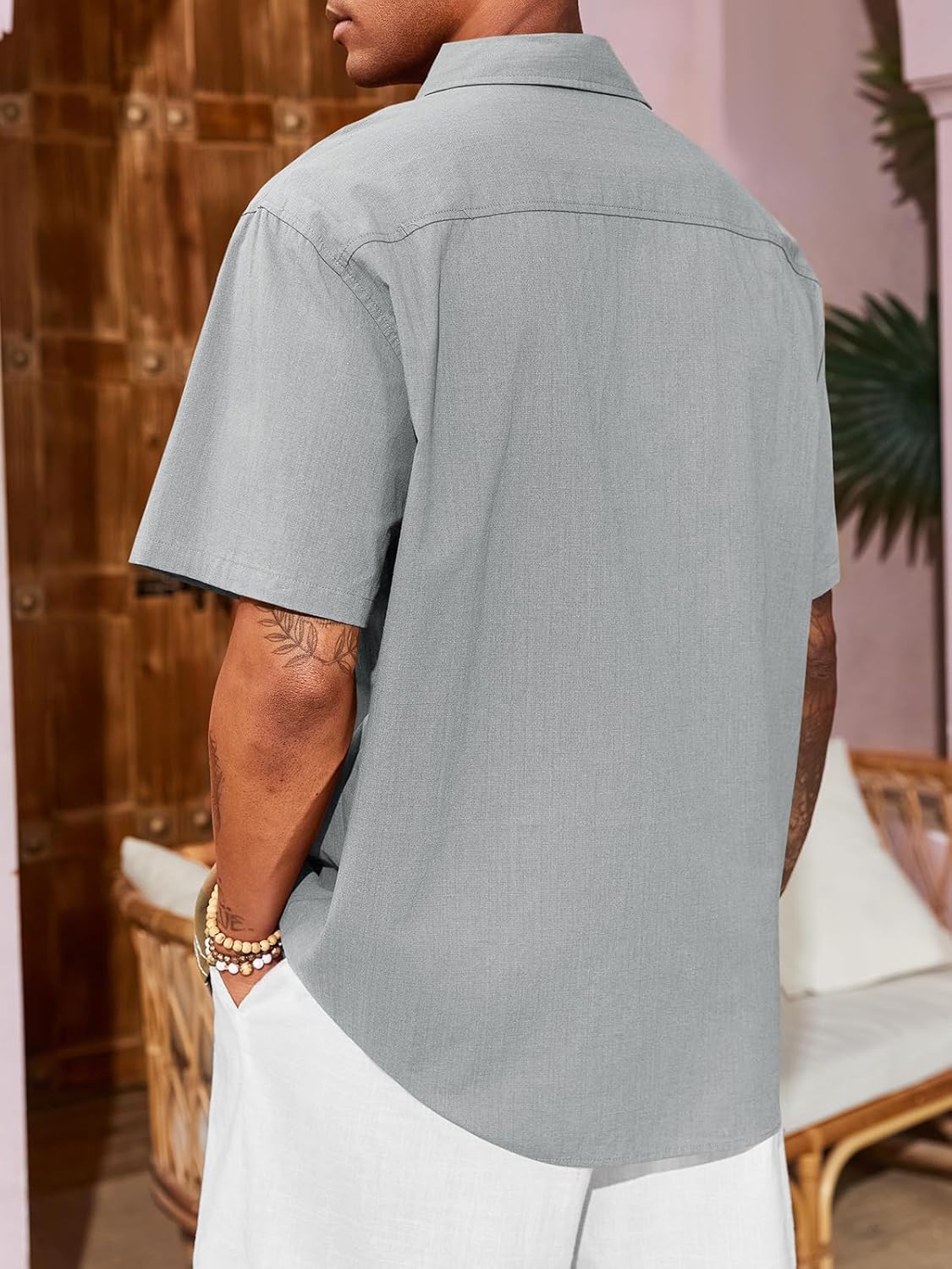 Runcati Mens Linen Shirt Guayabera Cuban Short Sleeve Button Down Cotton Summer Beach Hippie Shirts - Image 3