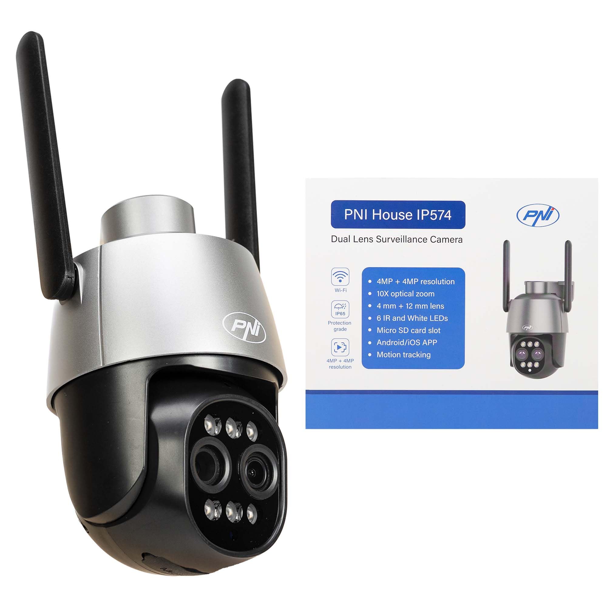 PNI Telecamera di videosorveglianza House IP574 con Wi-Fi, PTZ, doppia lente 4MP + 4MP, zoom ottico 10X, IP65