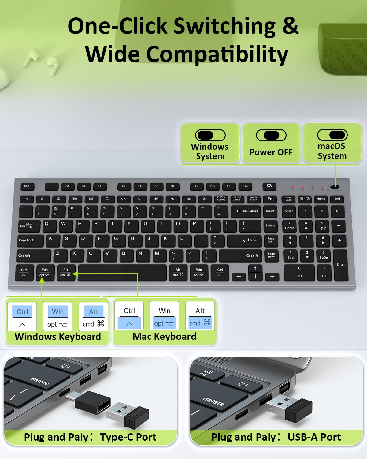 FENIFOX Wireless Silent Keyboard, Ultra Quiet USB C Low Profile Compact Full Size with Number Pad Flat Slim Thin Soft Touch for Mac Computer MacBook iMac PC Laptop Desktop Office (Black and Grey) - 2