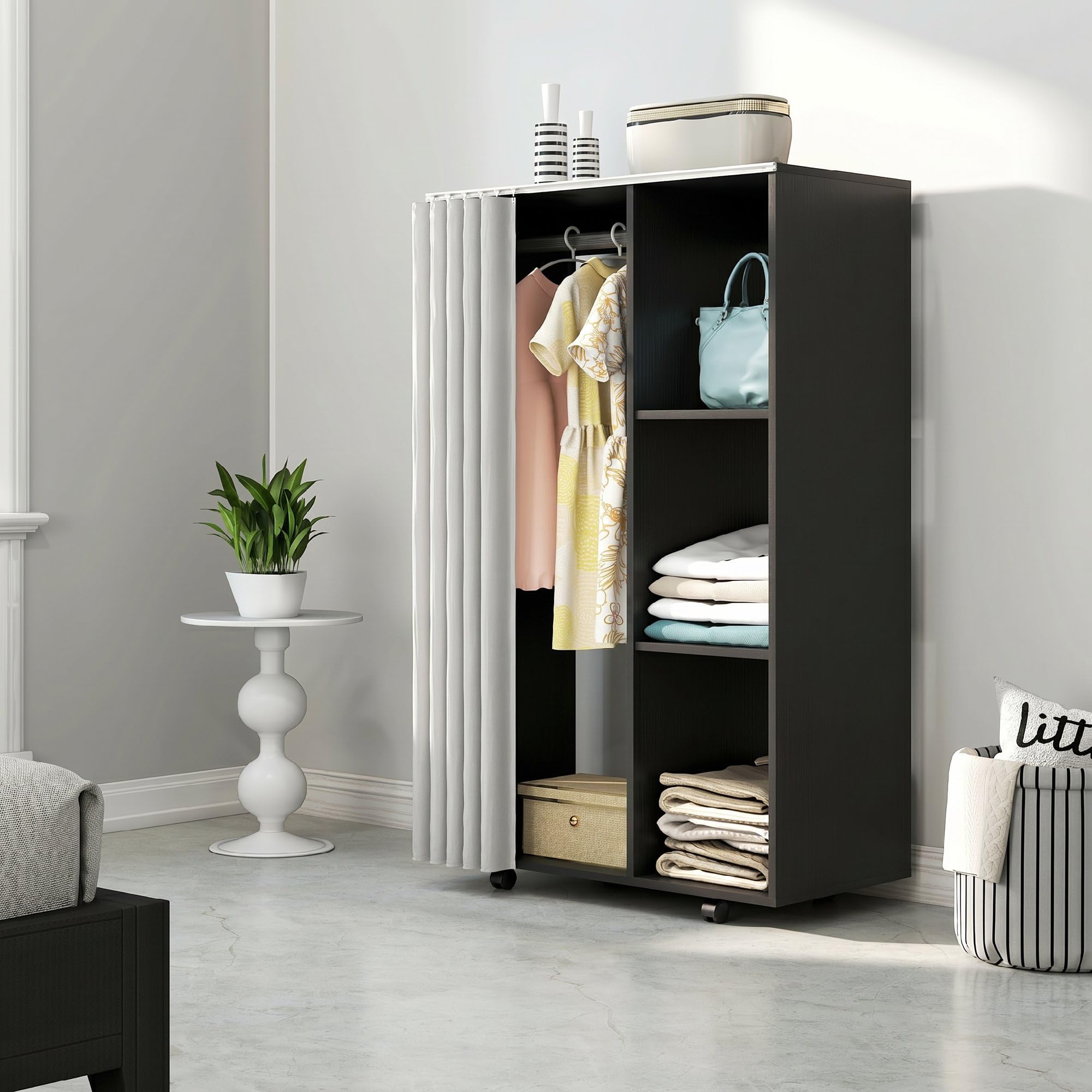 HOMCOM Armoire penderie Meuble de Rangement Mobile 4 roulettes avec Tringle à vêtements et étagères Ouvertes, penderie vêtement Dressing Roulant pour Chambre à Coucher, 80x40x128cm, Noir