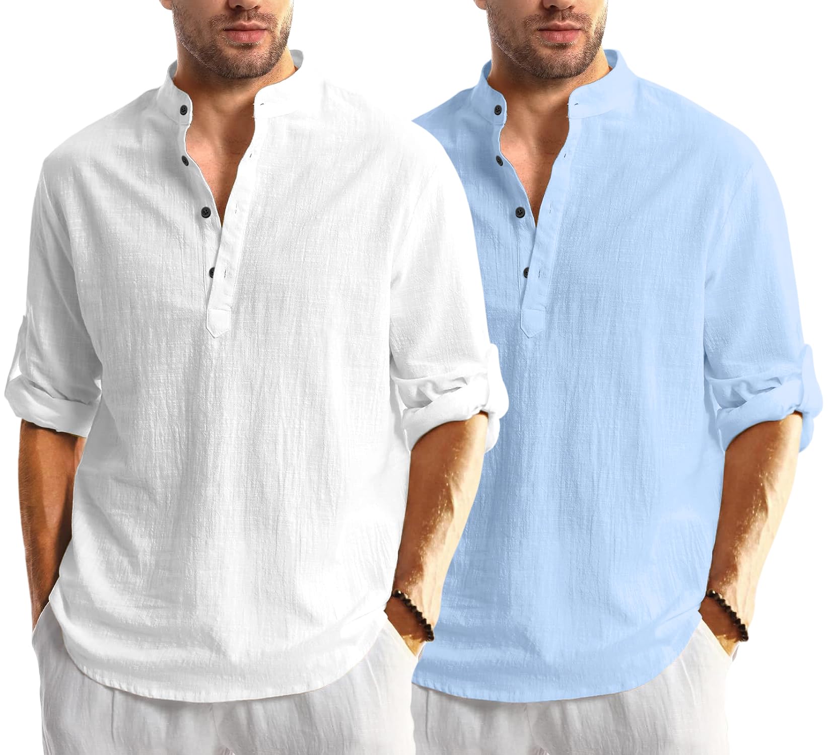 bellstone Men's Solid Regular Fit Dress Shirt (KURTA1600_Combo_White & Sky_L-picture-12
