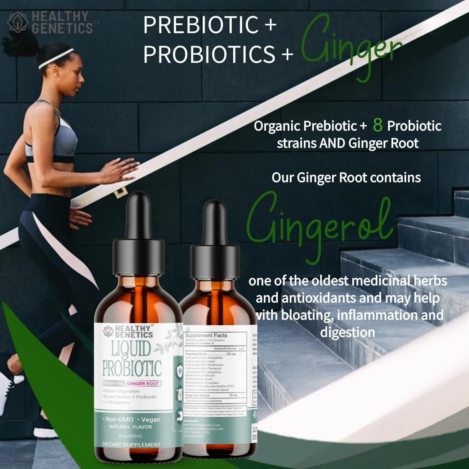 Liquid Probiotics for Women Men & Kids | Prebiotic +Ginger + Probiotics for Digestive Health | Acidophilus Probiotic | Dairy Free | Vegan | Non-GMO | Gluten Free | 30 Servings - Image 2