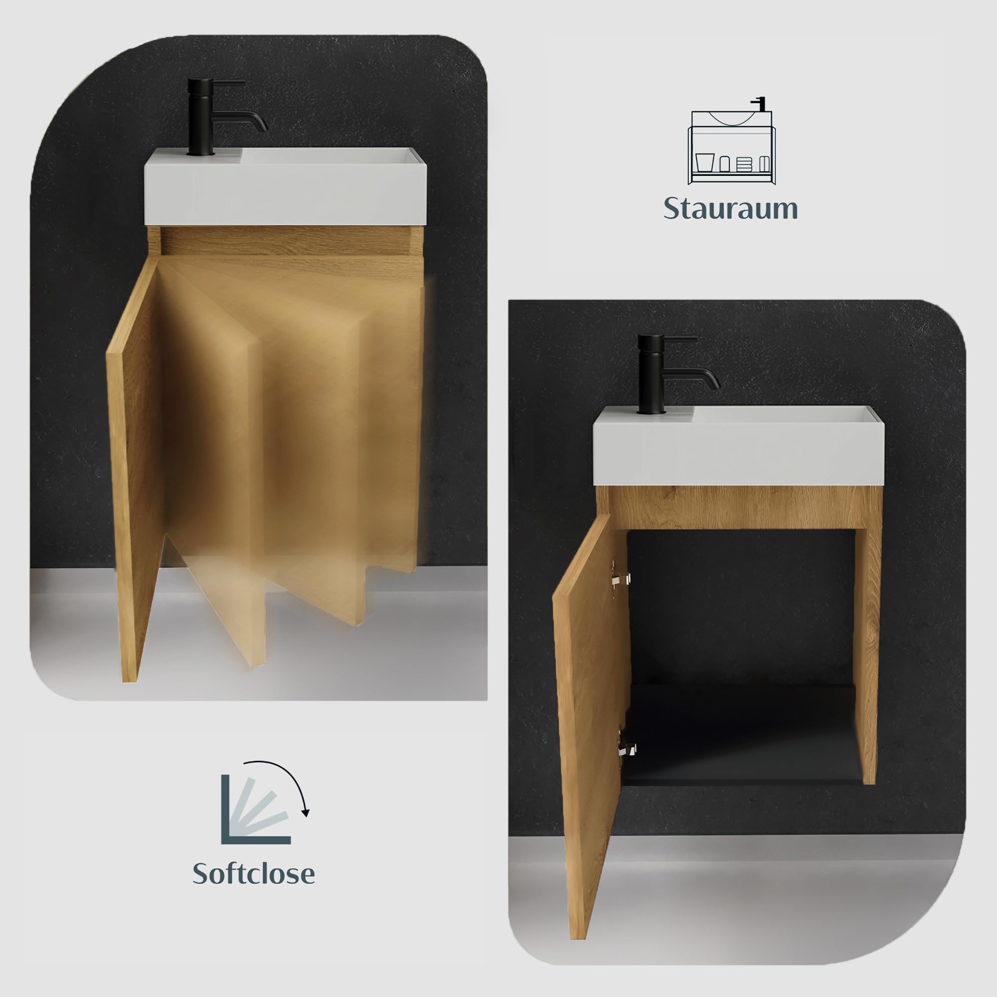Alpenberger Gäste WC Waschbecken mit Unterschrank 45 cm | Badezimmerschrank Schmal | Badmöbel Set Waschplätze für Kleine Bäder | Waschbeckenunterschrank (Eiche Natur, Waschbecken - Rechte Seite)