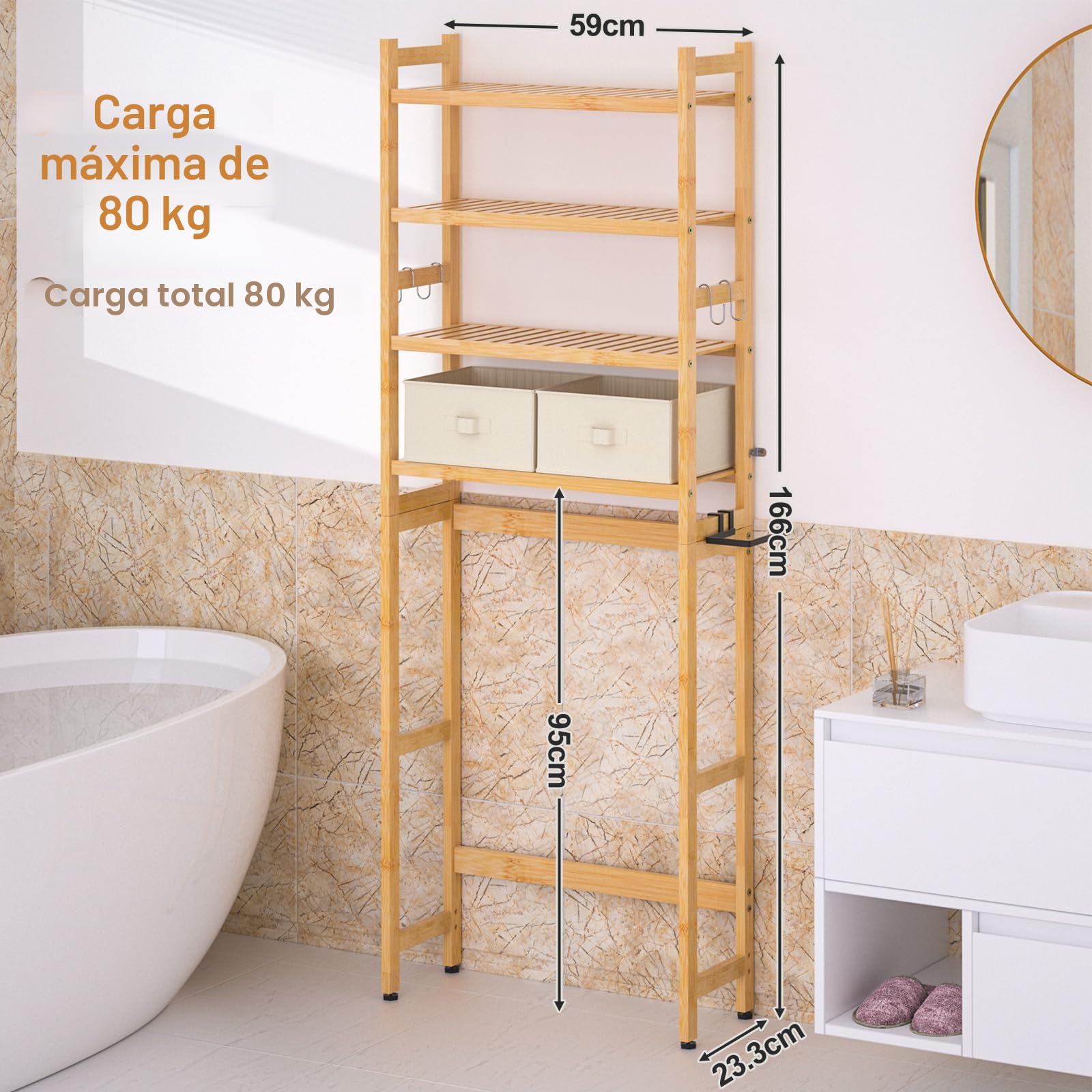 YORBAY Estantería para Inodoro con 2 Cestas 4 Niveles de Bambú para el Inodoro con Soporte para Papel y 4 Ganchos y Almohadillas Impermeables para los pies, Independiente sobre el Inodoro (Bambú)