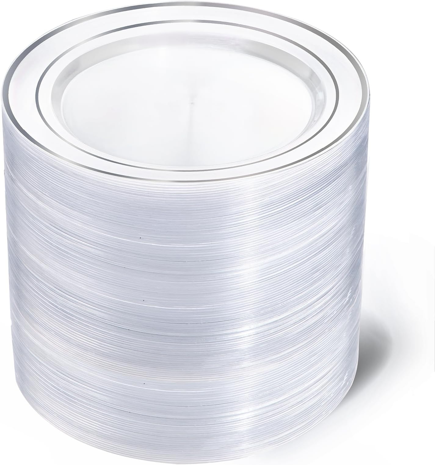 I00000 100Pcs Clear Silver Plastic Plates,Silver Rim Plates 7 Inch,Heavy Duty Premium Clear Dish for Wedding Party Supplies for Salad Dessert Cake