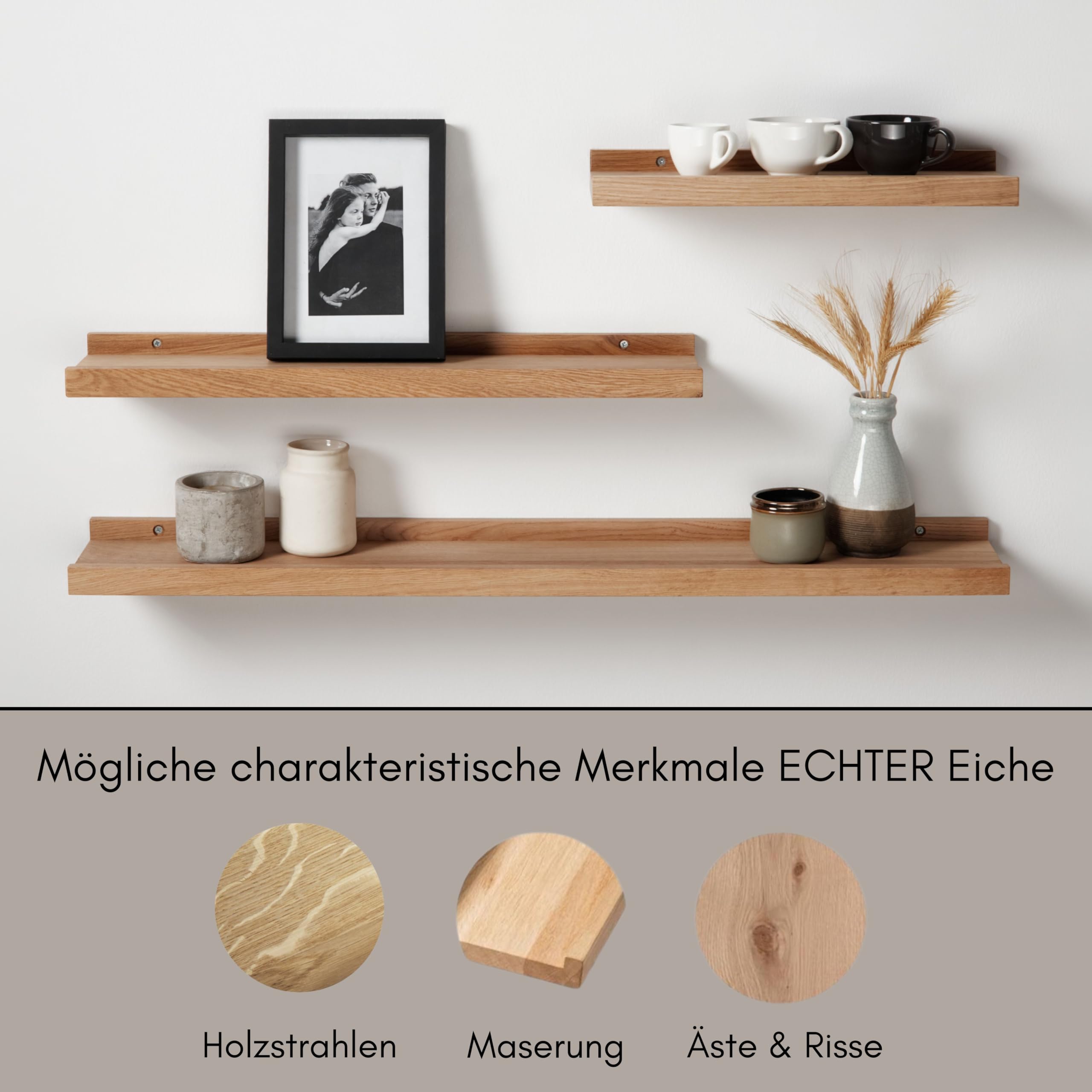 BestLoft.de Bilderleiste Holzregal Wand Regal Bilderleiste Eiche Floating Shelf Flur Regal Holz Deko Wand Wandregal Holz massiv (Eiche Hell, Breite: 60cm / Tiefe: 15cm)