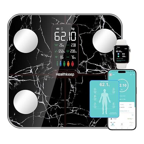 Miniatura 1 de Báscula de grasa corporal con pantalla VA grande, 15 datos corporales con frecuencia cardíaca, báscula de peso inteligente compatible con iOS y