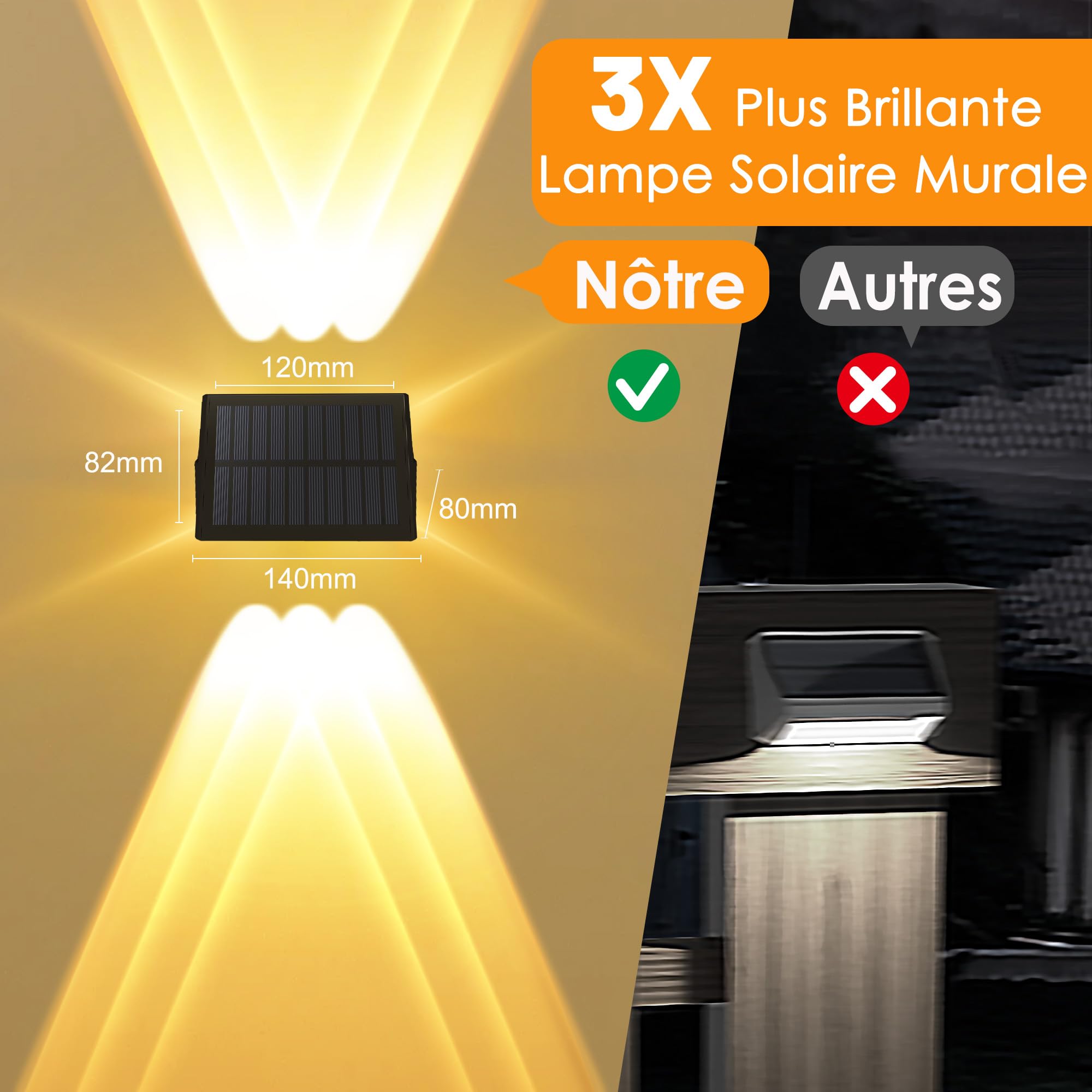 Applique Murale Exterieur Solaire Haut & Bas Lampe Solaire Exterieur Puissante Blanc Chaud LED Eclairage Exterieur Solaire Étanche IP67 Sans fil pour Clôture Jardin 6 Articles