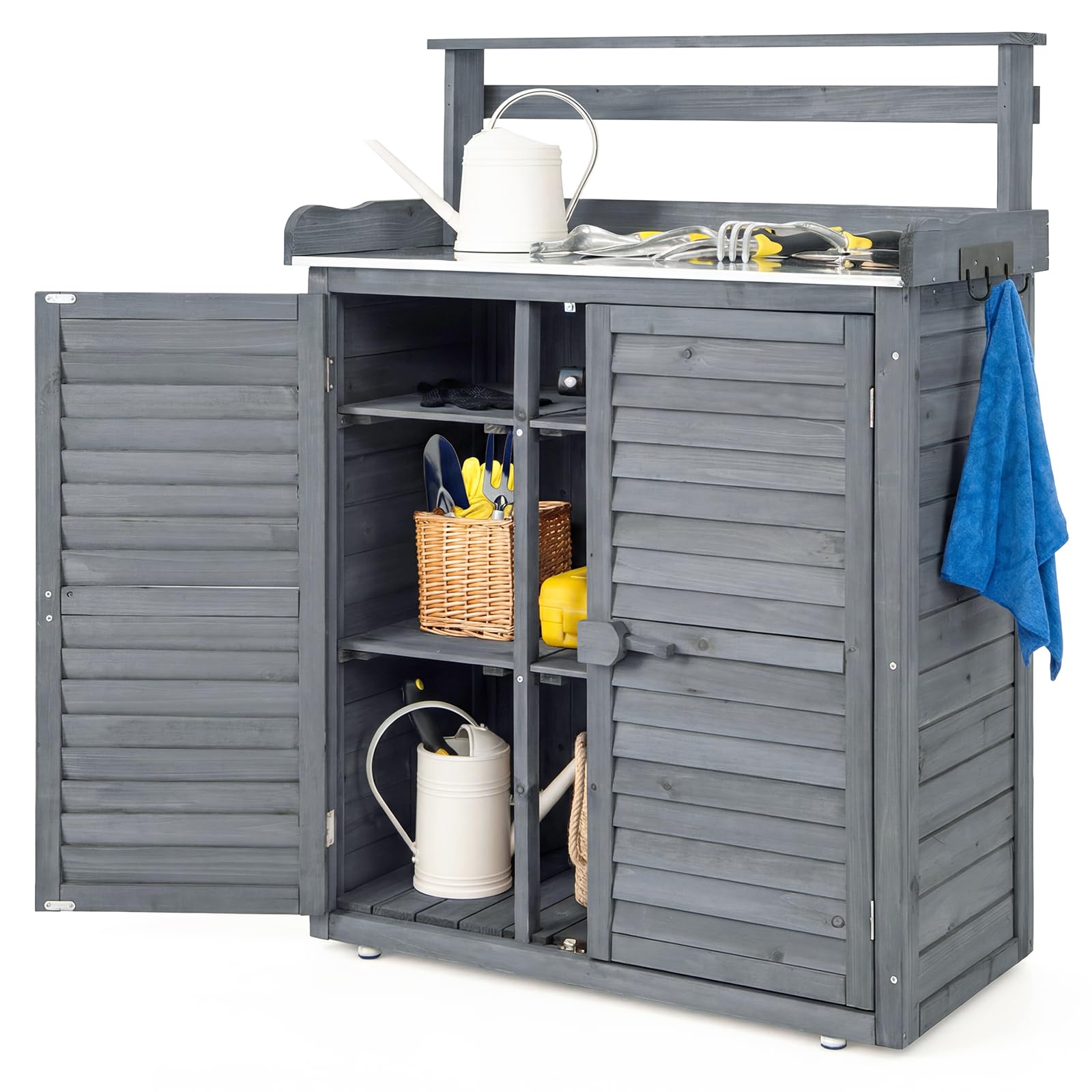 COSTWAY Armoire Jardin Bois, Armoire Exterieur avec Plan de Travail en Métal, 3 Crochets, Etagères Amovibles, Portes à Persiennes, Table de Rempotage, Meuble Exterieur Rangement (Gris)