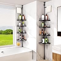 Vista 7 de HAMITOR Poste de tensión de esquina para ducha: organizador de ducha ajustable de acero inoxidable con 4 niveles para baño, bañera, champú, estante