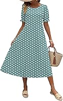 Zeagoo Women's Summer Midi Dress 2026: Short Puff Sleeve Pleated Flare Sundress with Pockets - Flowy Casual Fit