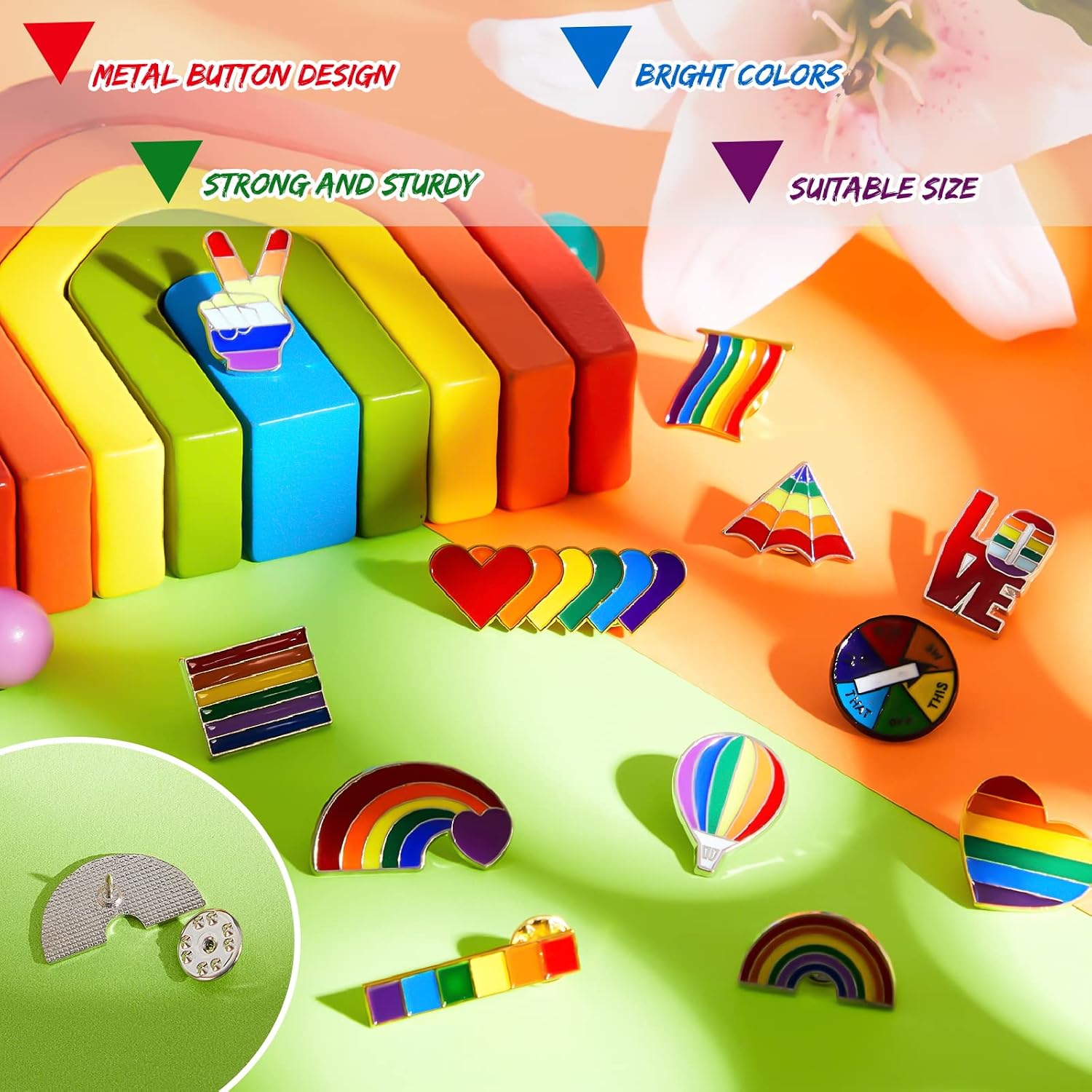 Bonuci Rainbow Pride Flag Lapel Pin & Bracelet Set - 24 Pieces (12 Pins + 12 Bracelets) - LGBTQ Pride Accessories for Clothes & Bags image 3