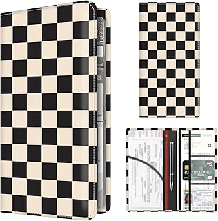 Premium Car Registration and Insurance Card Holder, Cute PU Leather Car Document Holder, Vehicle Glove Box Car Organizer with Magnetic Closure for Driver License, Cards Beige Checkerboard