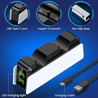 PS5 Charging Station, 2H Fast Controller Charger for PlayStation 5 DualSense, Upgrade PS5 Charging Dock with 2 Types of Cable, White
