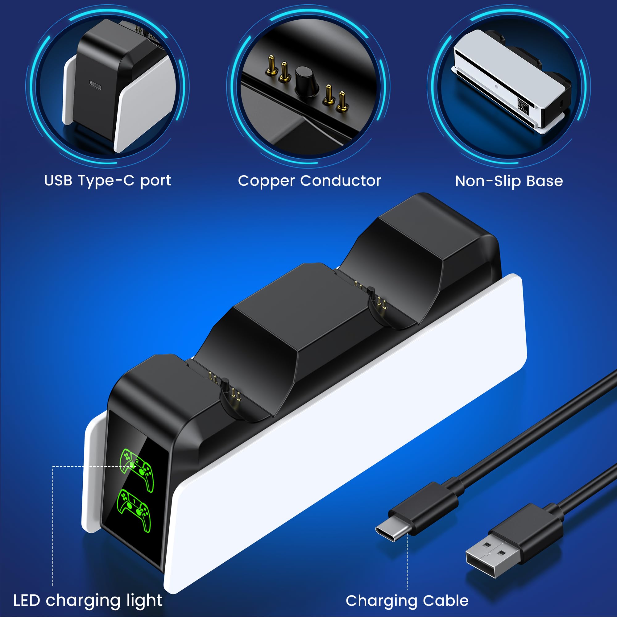 PS5, stazione di ricarica per controller PS5, set di accessori per Dualsense Wireless/Edge, stazione di ricarica per controller PlayStation 5 con ricarica rapida 2 ore, luce RGB fredda