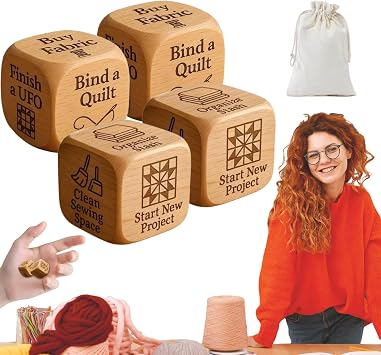 Quilters Dice - Wooden Decision Dice for Quilters & Sewists, Handmade Engraved Sewing Gift, 6 Engraved Quilting Tasks, Fun Quilting Motivation Tool & Craft Gift for Sewing Lovers 4PCS