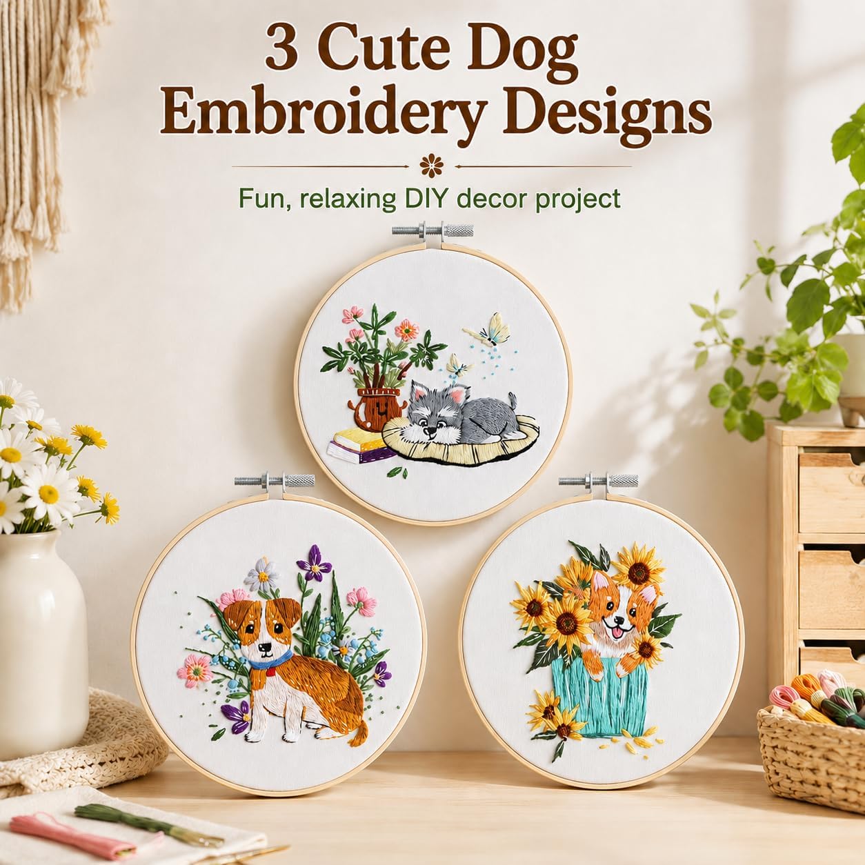 Thinas Embroidery Kit for Beginners Adults, 3 Pack Stamped Dog Embroidery Starter Set with Patterns & Video Tutorial, DIY Sewing Craft Supplies for Dog Lovers, Home Decor Gift Idea
