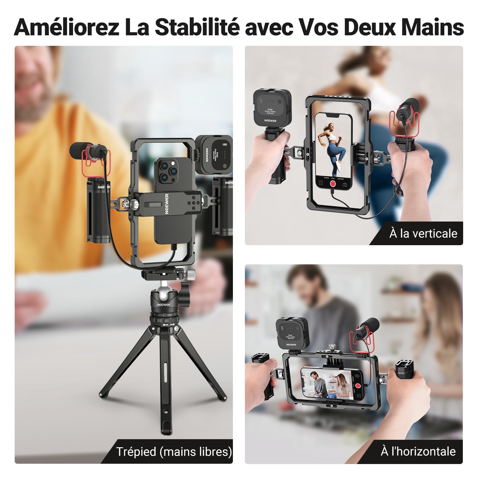 NEEWER Kit de vlogging pour téléphone amélioré, stabilisateur vidéo avec Double poignée, Fente Micro sans Fil pour Tiktok/Youtube, Compatible avec SmallRig iPhone 16 15 14 13 Pro Max Galaxy S23, PA009