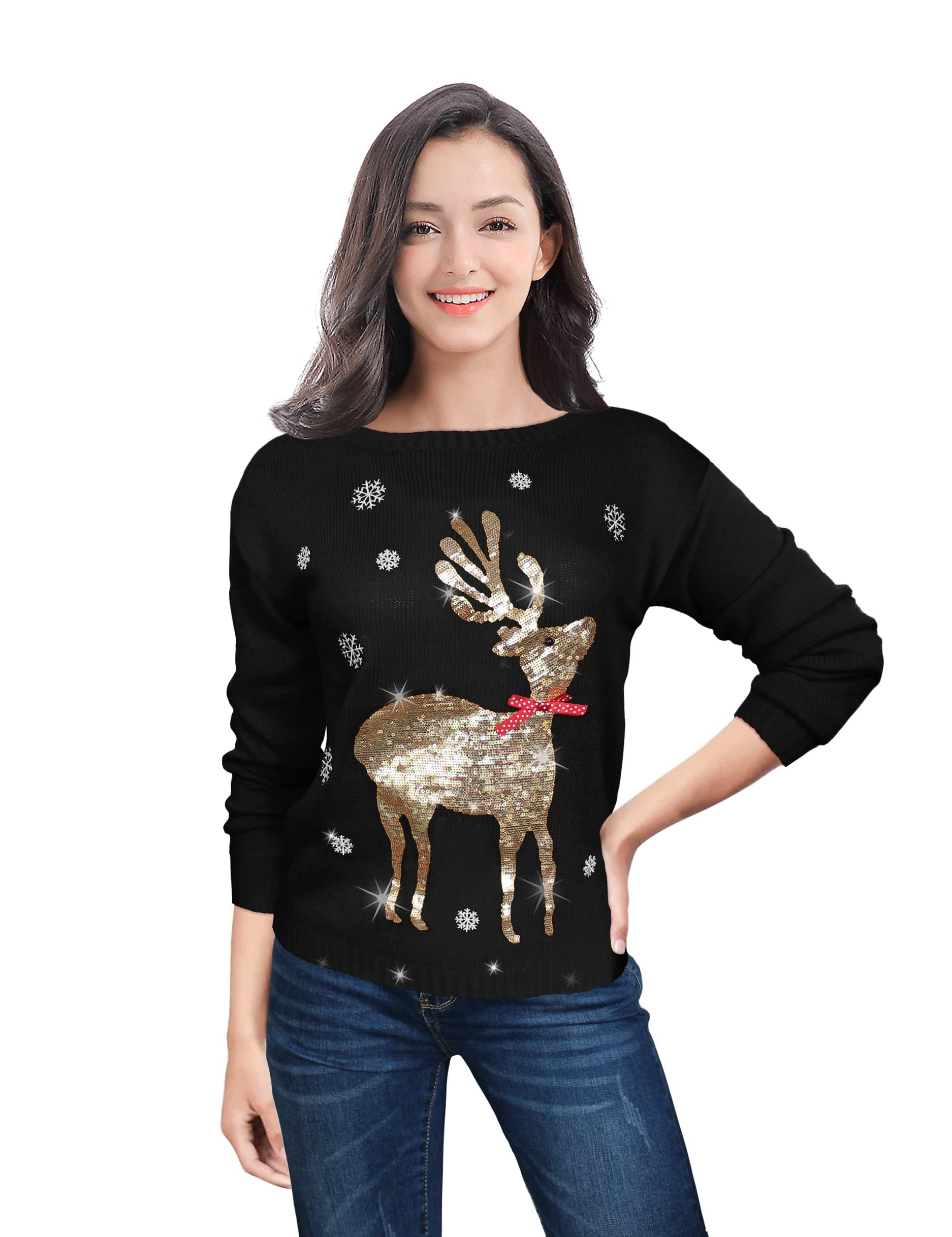 v28 Ugly Christmas Sweater for Women Reindeer Funny Merry Xmas Knit Sweaters